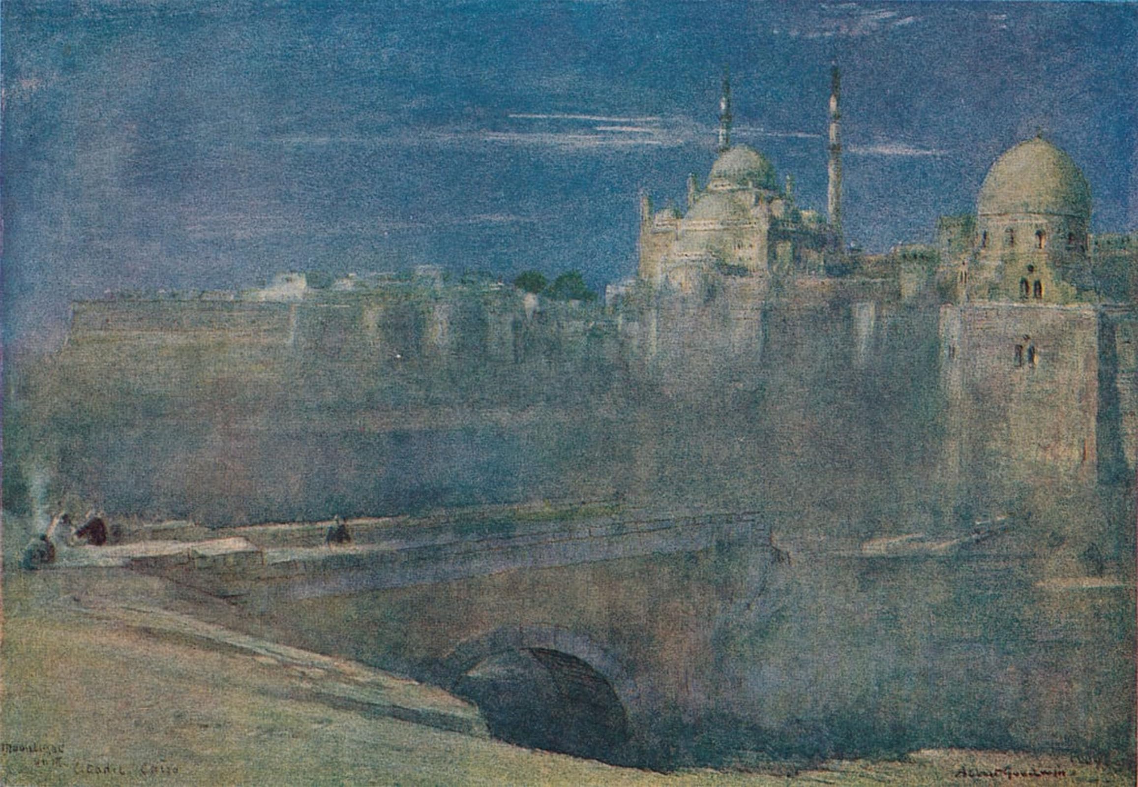 POSTERIIk Vintage Classic Picture Landscape Artwork Moonlight on the Citadel Cairo by Albert Goodwin Portrait Canvas Painting for Office Home Decor 60x90cm