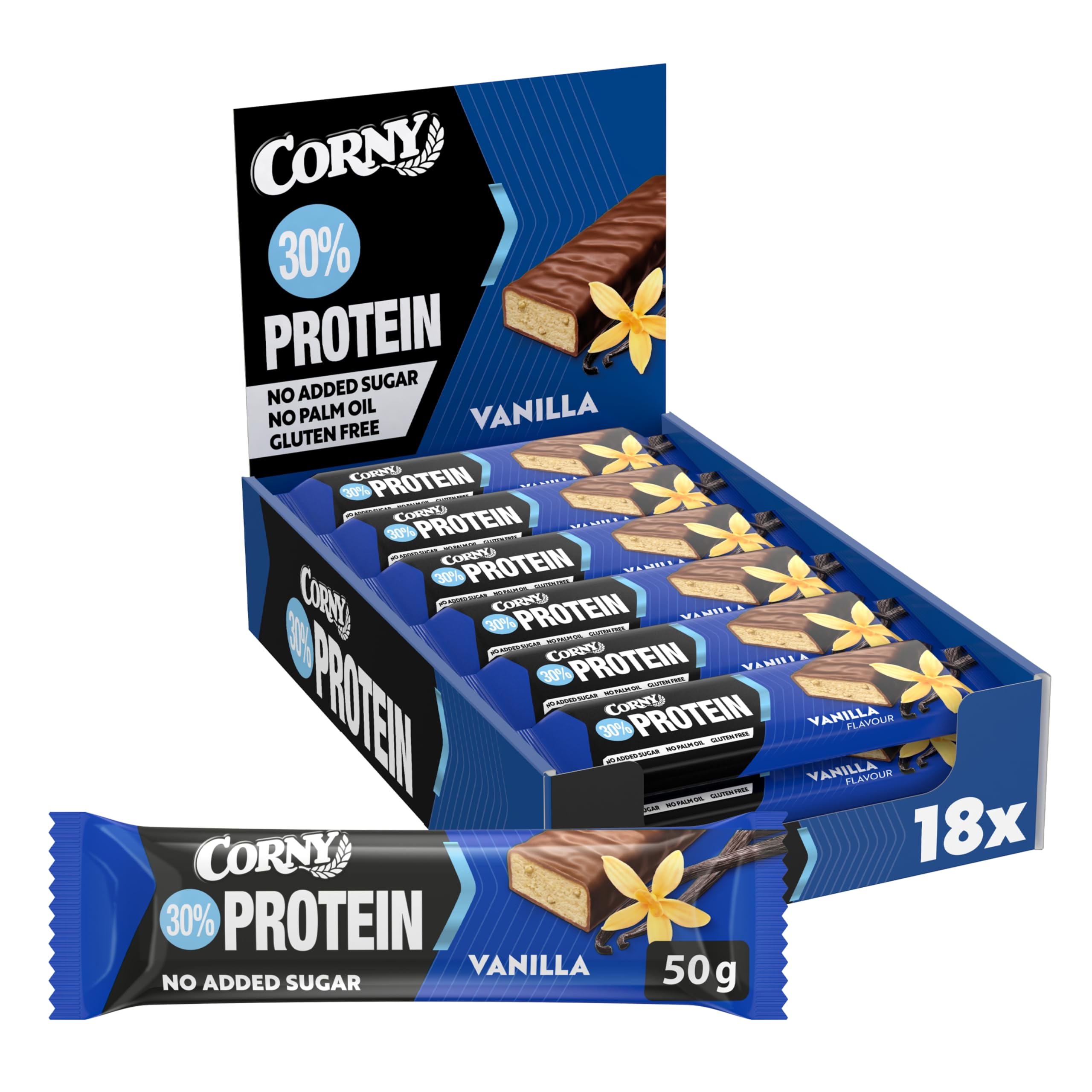 Barritas de Proteínas, Corny Protein, Vainilla recubiertas de Chocolate, 13,5 gr de Proteínas, 0% Azúcares Añadidos - Pack 18x50 g Taste the Power