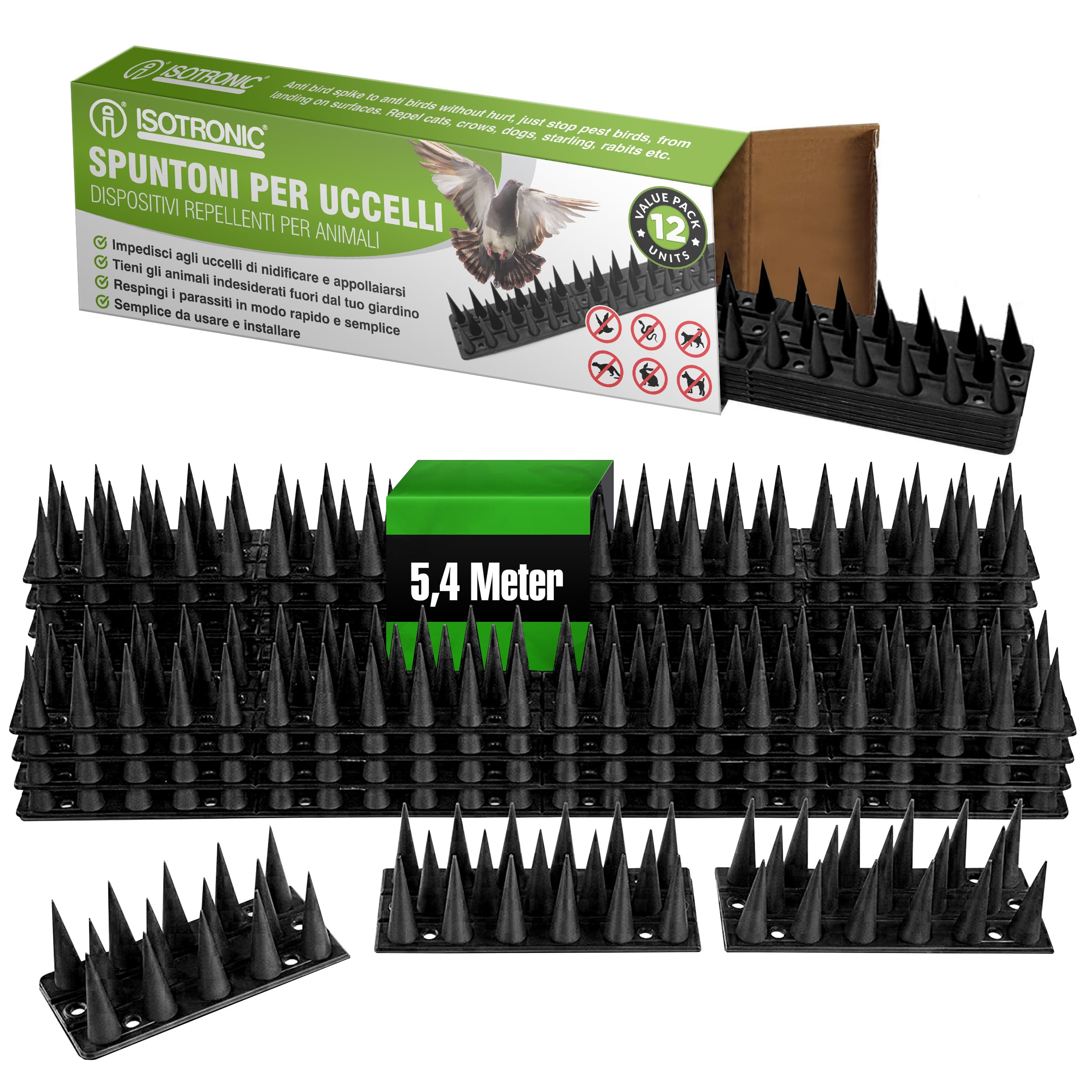ISOTRONIC - Punte repellenti per Uccelli, Gatti e martore - per recinzioni, davanzali, tetti, Alberi e Giardini (5,4 m | 12 Pezzi | Nero)
