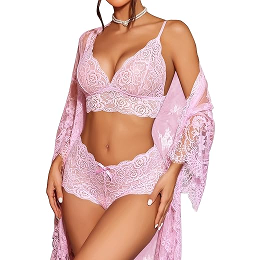 Avidlove Women Sexy Lingerie Set 3 Piece Bra and Panty Sets with Lace Kimono Robe Sleepwear Mesh Nightgown 2 Avidlove Women Sexy Lingerie Set 3 Piece Bra and Panty Sets with Lace Kimono Robe Sleepwear Mesh Nightgown