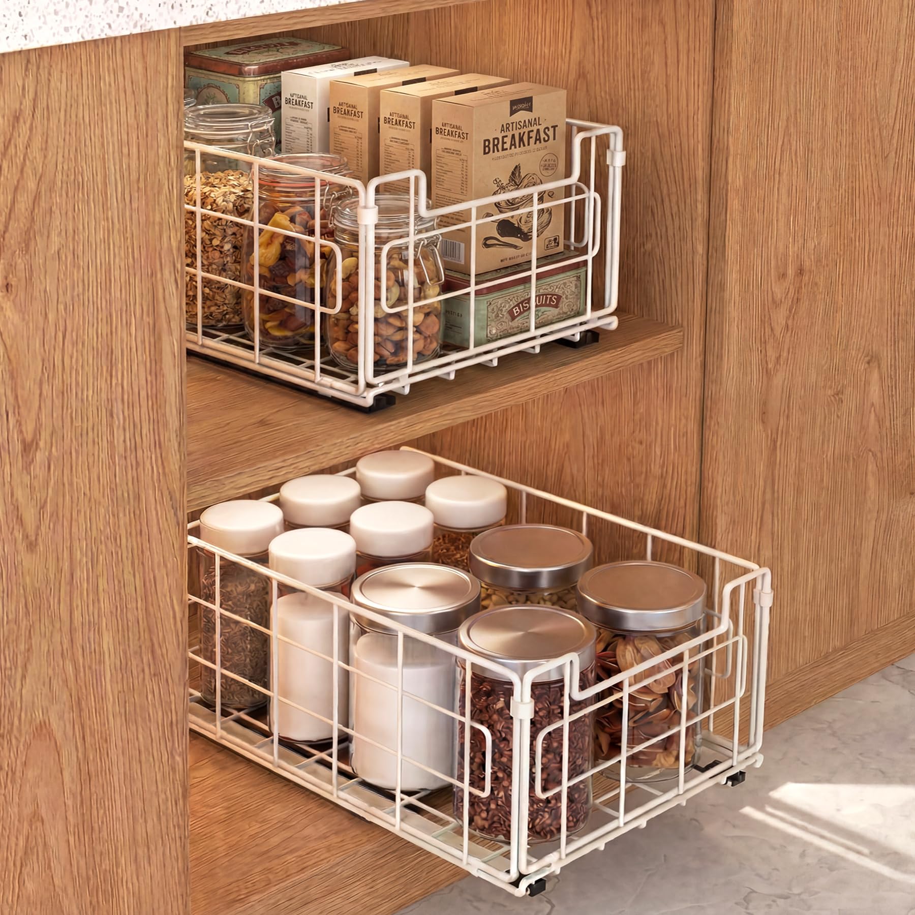 Lot de 2 paniers coulissants coulissants très résistants pour armoire de cuisine, salle de bain, maison, 35,1 x 21,6 x 16 cm (l x L x H), blanc