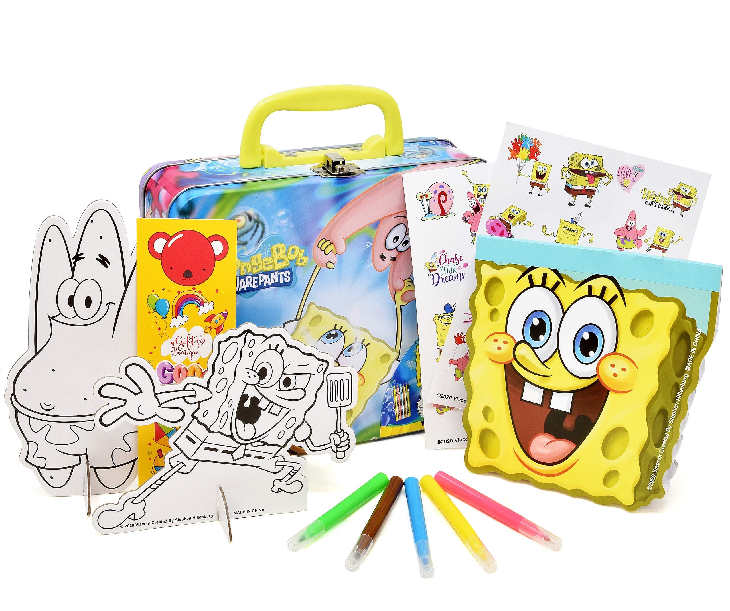 SpongeBob SquarePants Mal- und Aktivitäts-Blechbox für Kinder, mit Buntstiften, Aufklebern, Skizzenblock, sauberes Bastelset für Kleinkinder, Jungen und Mädchen, Lesezeichen im Lieferumfang enthalten