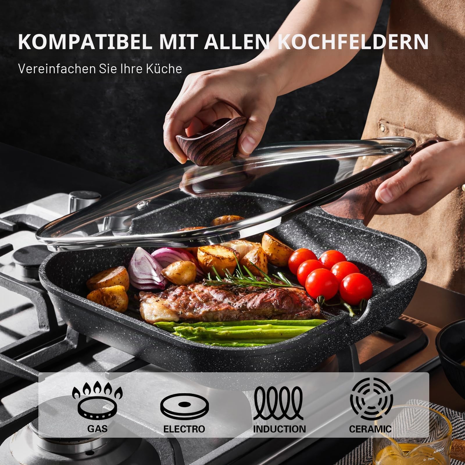 Kordisen Grillpfanne Induktion 28 cm mit Deckel – Grillpfanne mit Ausguss & Steakpfanne quadratisch, Granit Antihaftbeschichtung, für alle Herdarten, PFOA-frei
