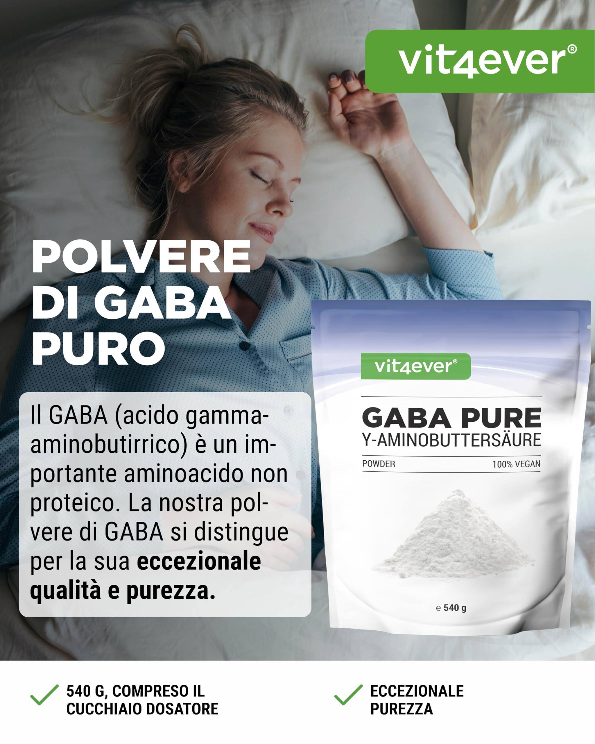 Gaba Pure - 540 g di polvere pura senza additivi - 100% acido gamma-aminobutirrico - 180 porzioni - vegano - qualità premium