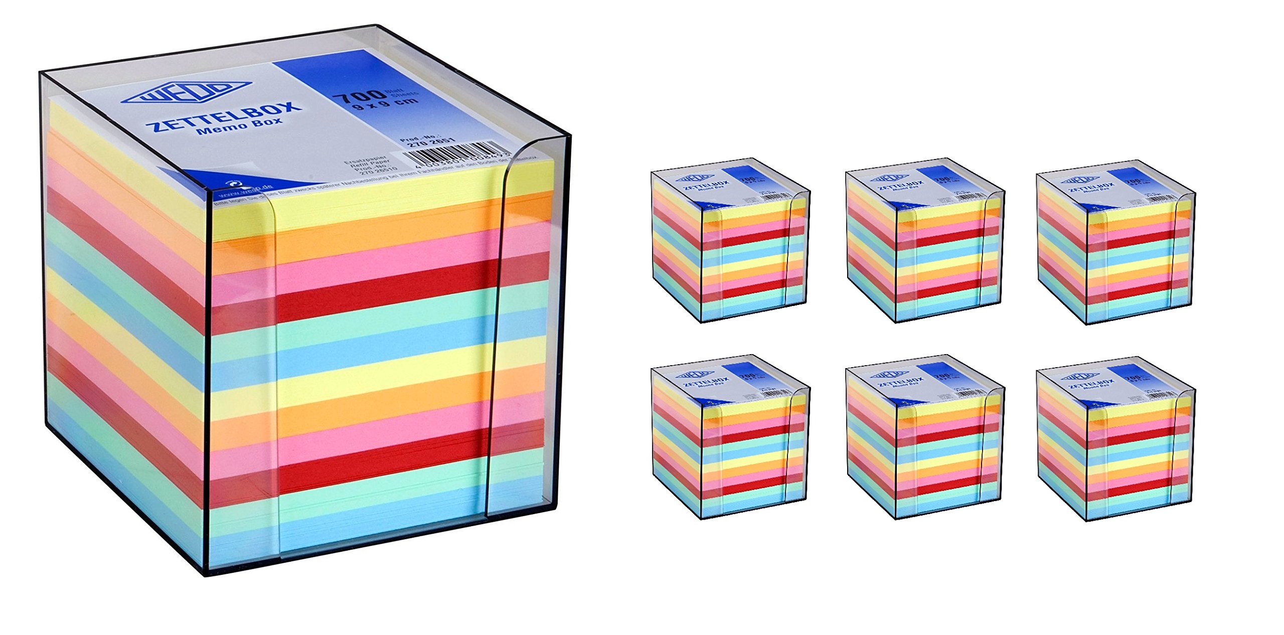 Wedo 2702651 Zettelbox Kunststoff (9 x 9 cm, rauchglas gefüllt, circa 700 Blatt, 6 farbig) (6, Zettelbox)