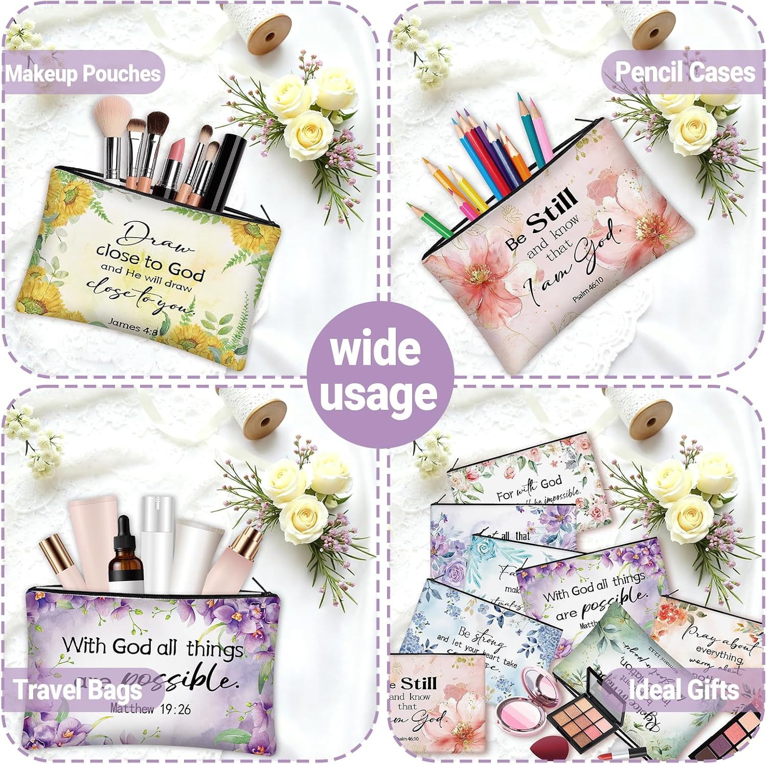 30 Pcs Christian Makeup Bags with Inspirational Flower Religious Gift Bible Verse Zipper Makeup Pouches Bulk Canvas Cosmetic Bag for Women Church Travel Appreciation