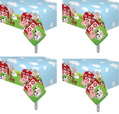 Oojami Paquete de 4 manteles rectangulares de plástico de 54 x 108 pulgadas, mantel de fiesta con estampado de animales de granja para bodas, baby