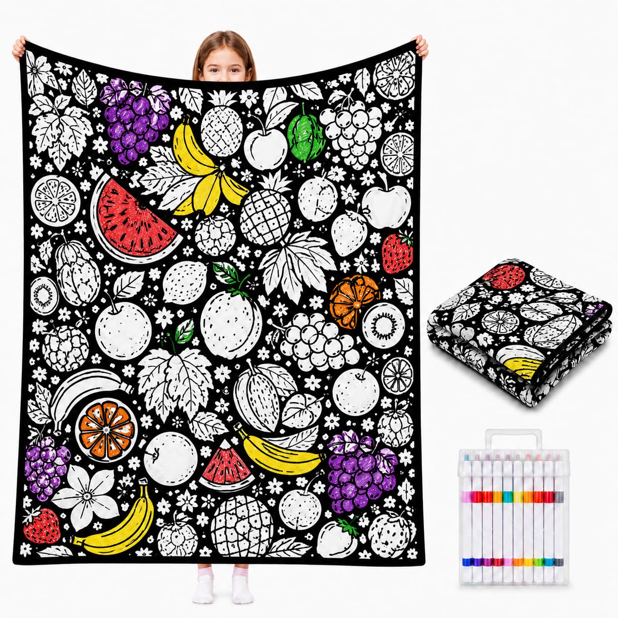 VEELU DIY Colouring Blanket for Adults with 24 Colour Markers, Colour Your Own Throw Blanket, Fun Creative Stress Relief Activity, Home Decor Perfect Birthday Gifts for Women Friends Family (Fruit) โ image 1
