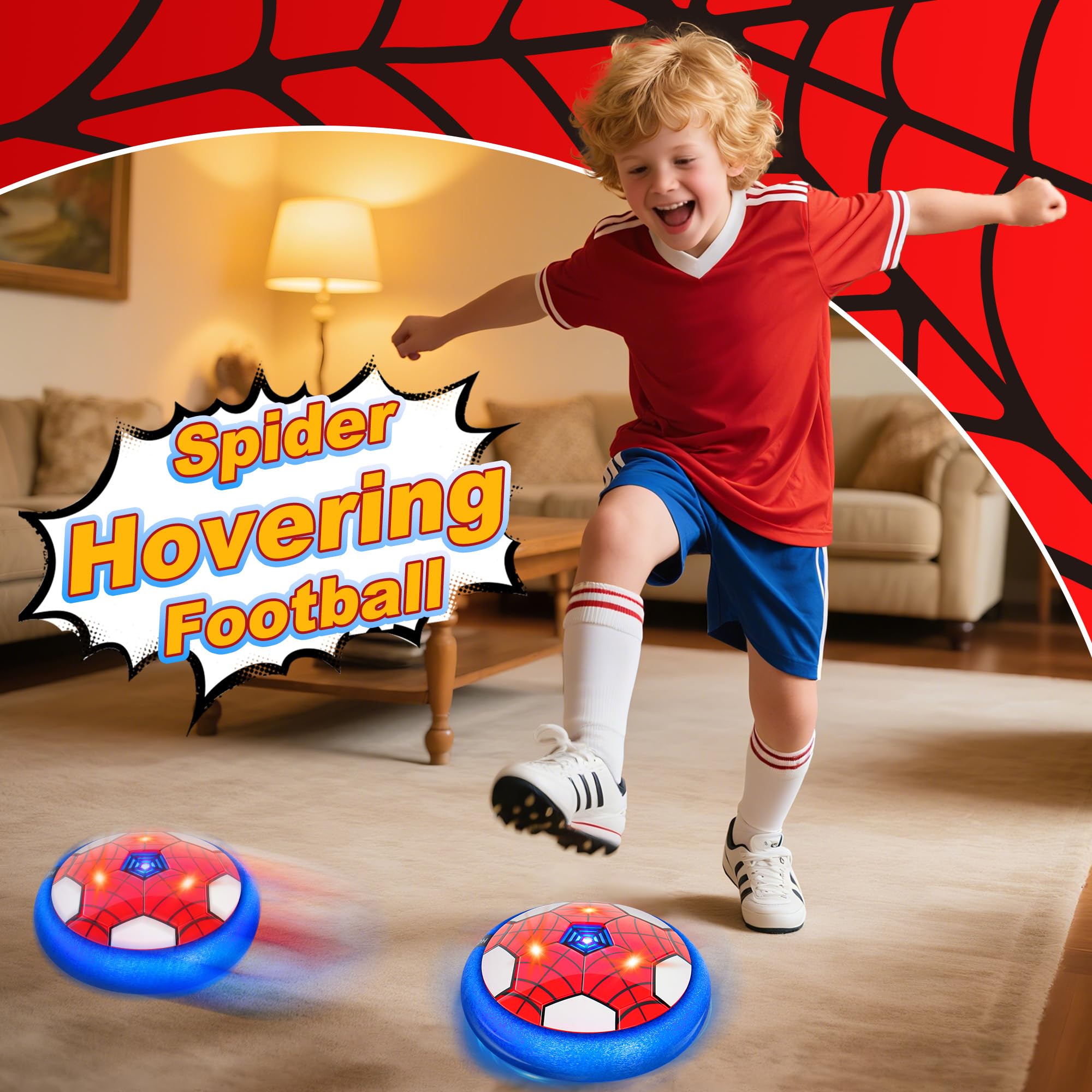 Spider Ballon de Foot Aéroglisseur LED - Lot de 2, Jouet Enfant Air Power Football 3-12 Ans, Football Enfant pour Intérieur/Extérieur, Idée Cadeau Garçon/Fille (Anniversaire, Noël)-RB