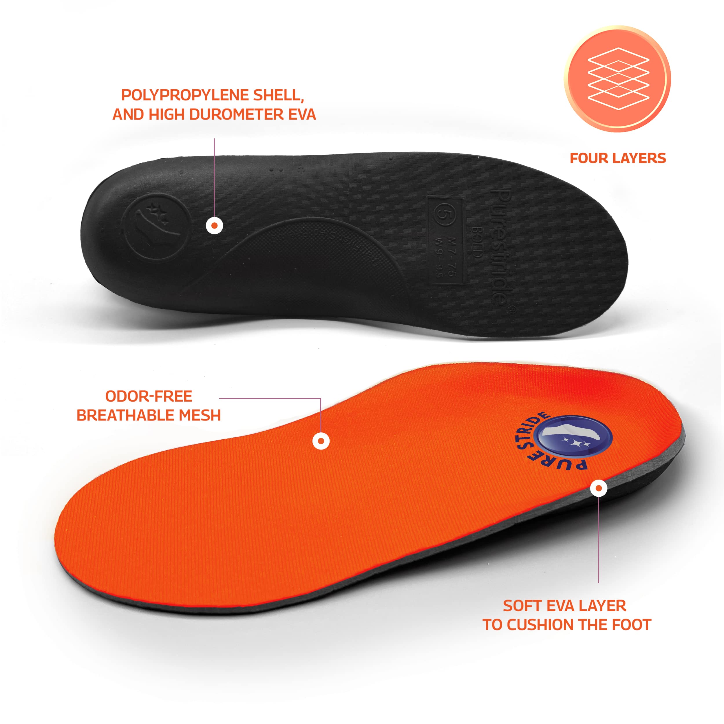Pure Stride Bold - Ortesis profesional de longitud completa, soporte de zapatos para metatarsianos, arco alto, pies planos, alivio del dolor para fascitis plantar, arco, talón, 1 par, hombres