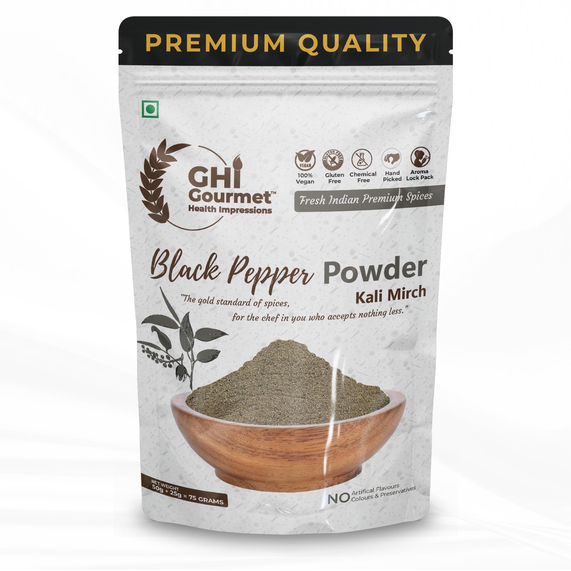 GOURMET HEALTH IMPRESSIONS - Premium Tellicherry Black Pepper Powder 75g - Sourced from Malabar Wayanad, Ultra-Pure & Finely Ground, Non-GMO, Ideal for Seasoning & Flavor Enhancement | GHI Foods (B09L112L4R) Amazon Price History, Amazon Price Tracker
