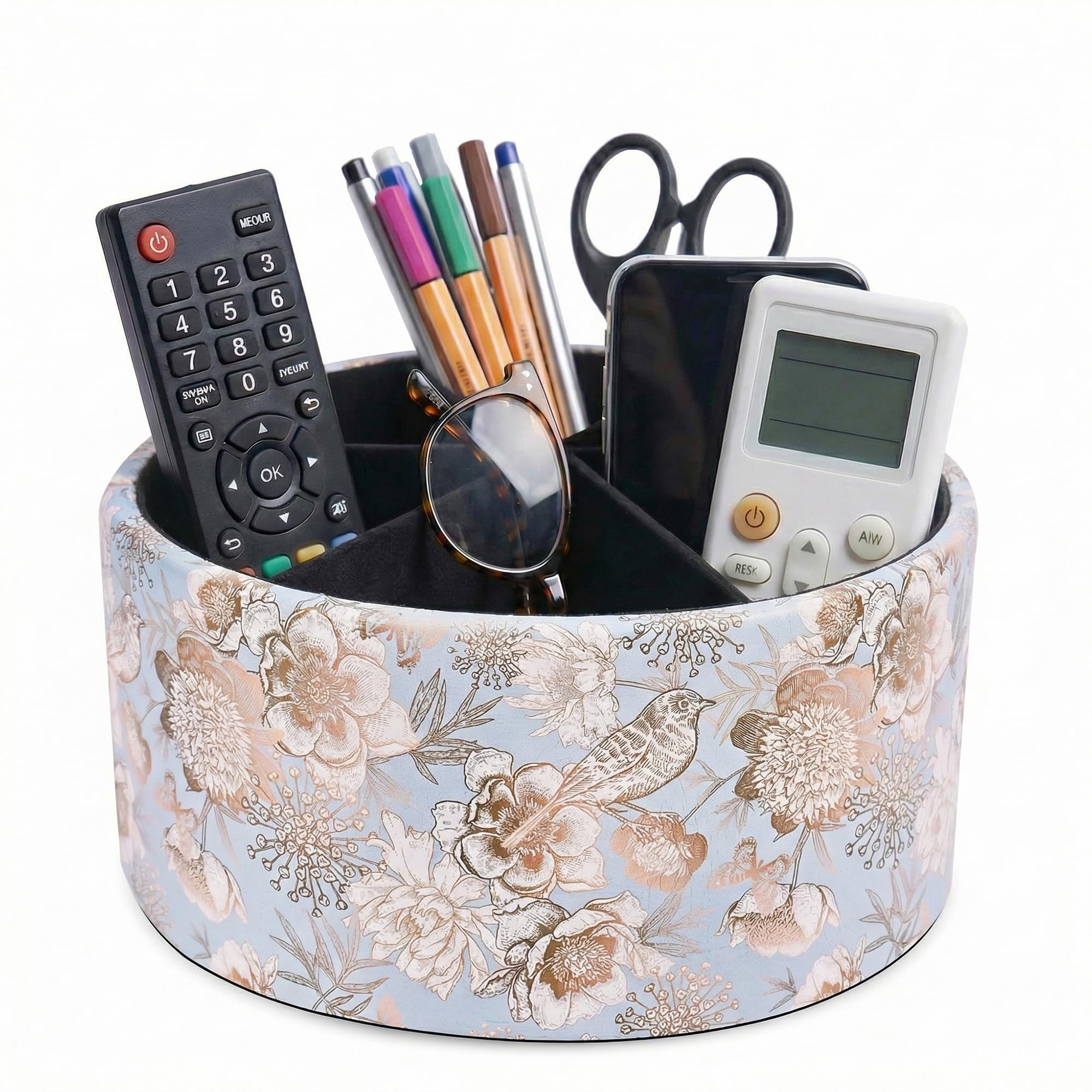 Organizer da scrivania girevole a 360, multifunzionale, girevole per penne, organizer da scrivania a 6 scomparti, portapenne (1B, uccellino blu)