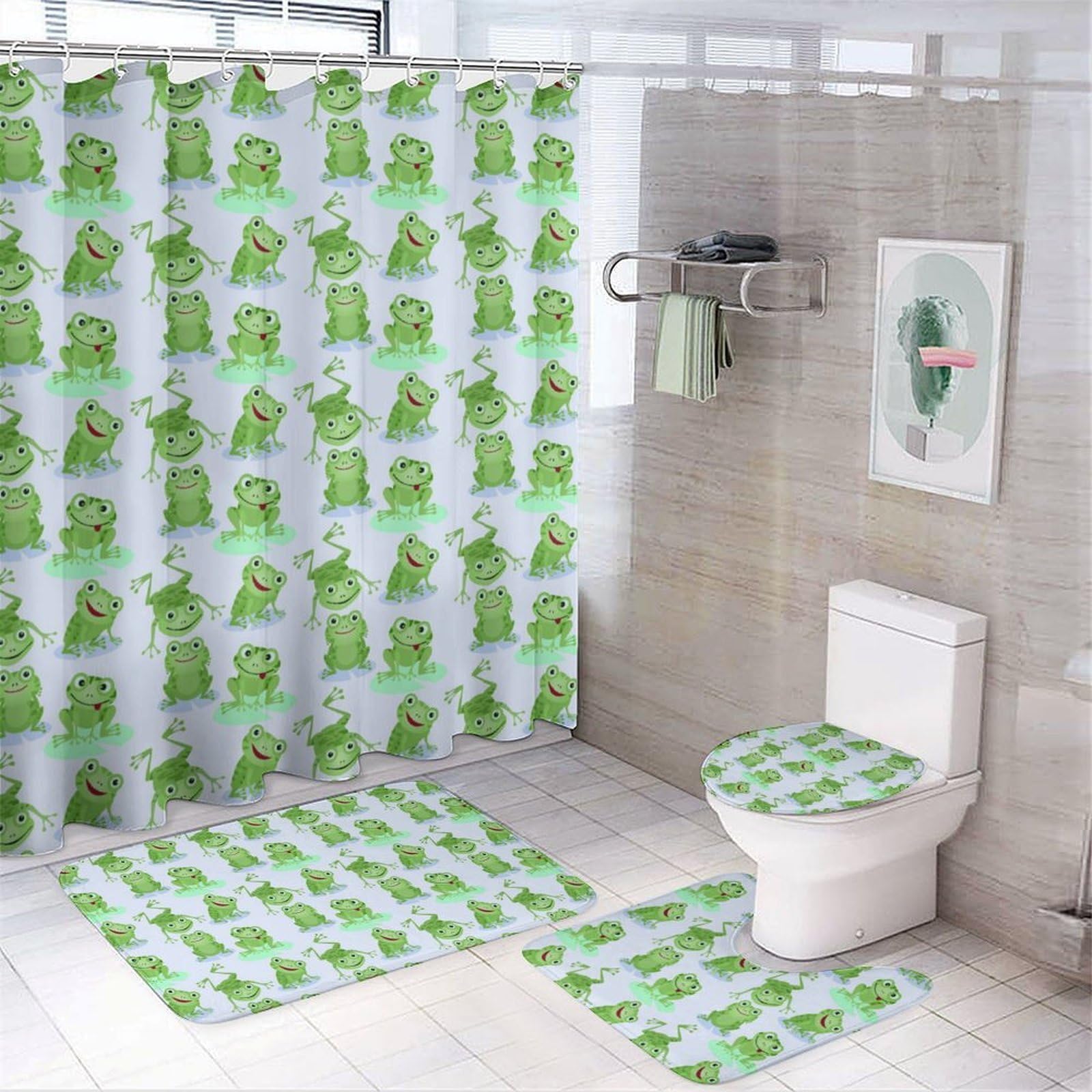 JZemdybill Bathroom Mat Set 4 Piece, Frogs Pattern Shower Curtain with Non-Slip Bath Mats for Bathroom