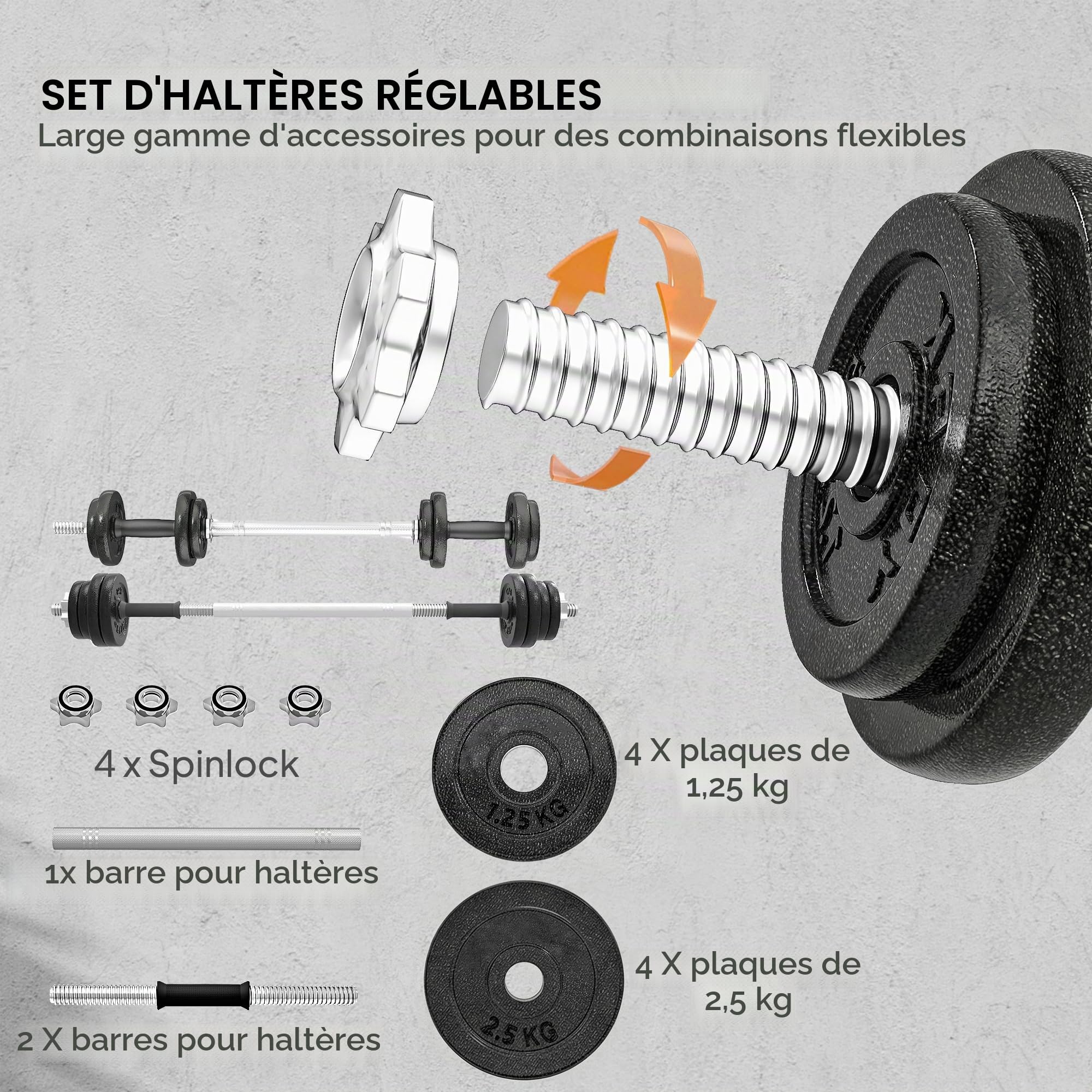 SPORTNOW Ensemble d'Haltères 2-en-1 20 kg Poids Réglables Noir | Kit Haltères Musculation, Barre d'Extension Acier, Poignée Antidérapante, Musculation, Haltérophilie