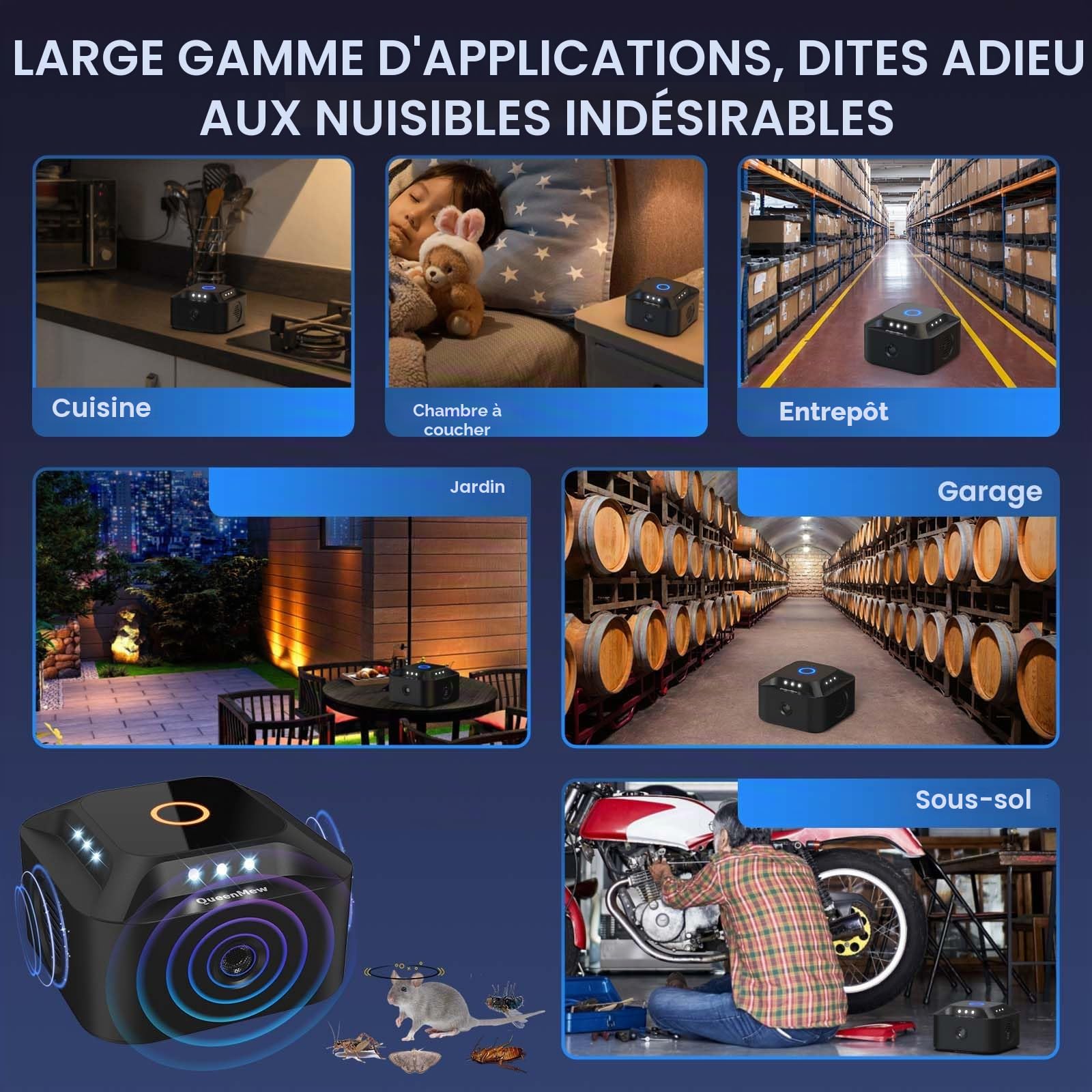 Ultrasons Souris et Rats 360°, 3 Modes Répulsif Souris Brancher avec 12 Lumières Stroboscopiques, 300 M² Large Portée Ultrasons Anti Rongeurs pour Souris Rat Araignée Moth Fourmi
