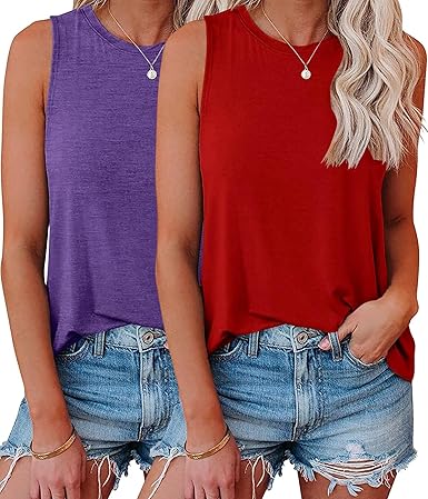KKJ 2 Pack Womens Tank Tops Workout Tees Summer Clothes Fashion Outfits Crew Neck Sleeveless Loose Fit Fall Casual Shirts