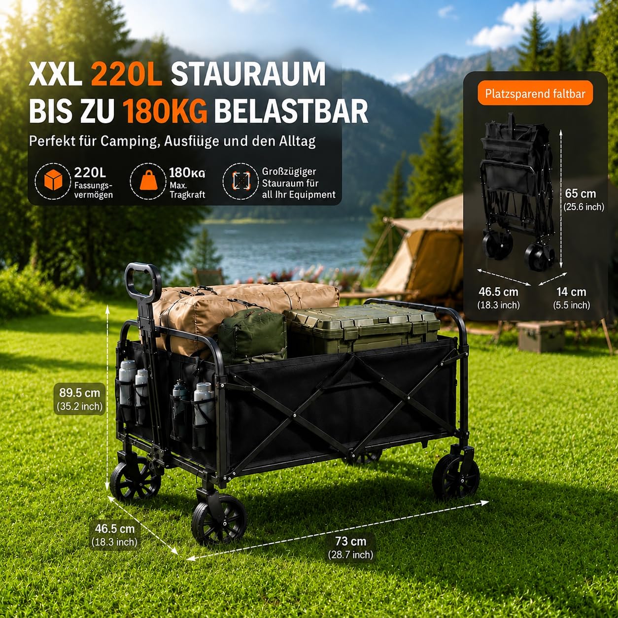 Zstar Bollerwagen Faltbar 220L, 73 x 46,5 x 89,5 cm, Handwagen mit 180 kg Tragkraft, 360° Geländerädern, Verstellbarem Griff, 600D Oxford-Gewebe, für Camping, Garten, Strand und Einkäufe, Schwarz