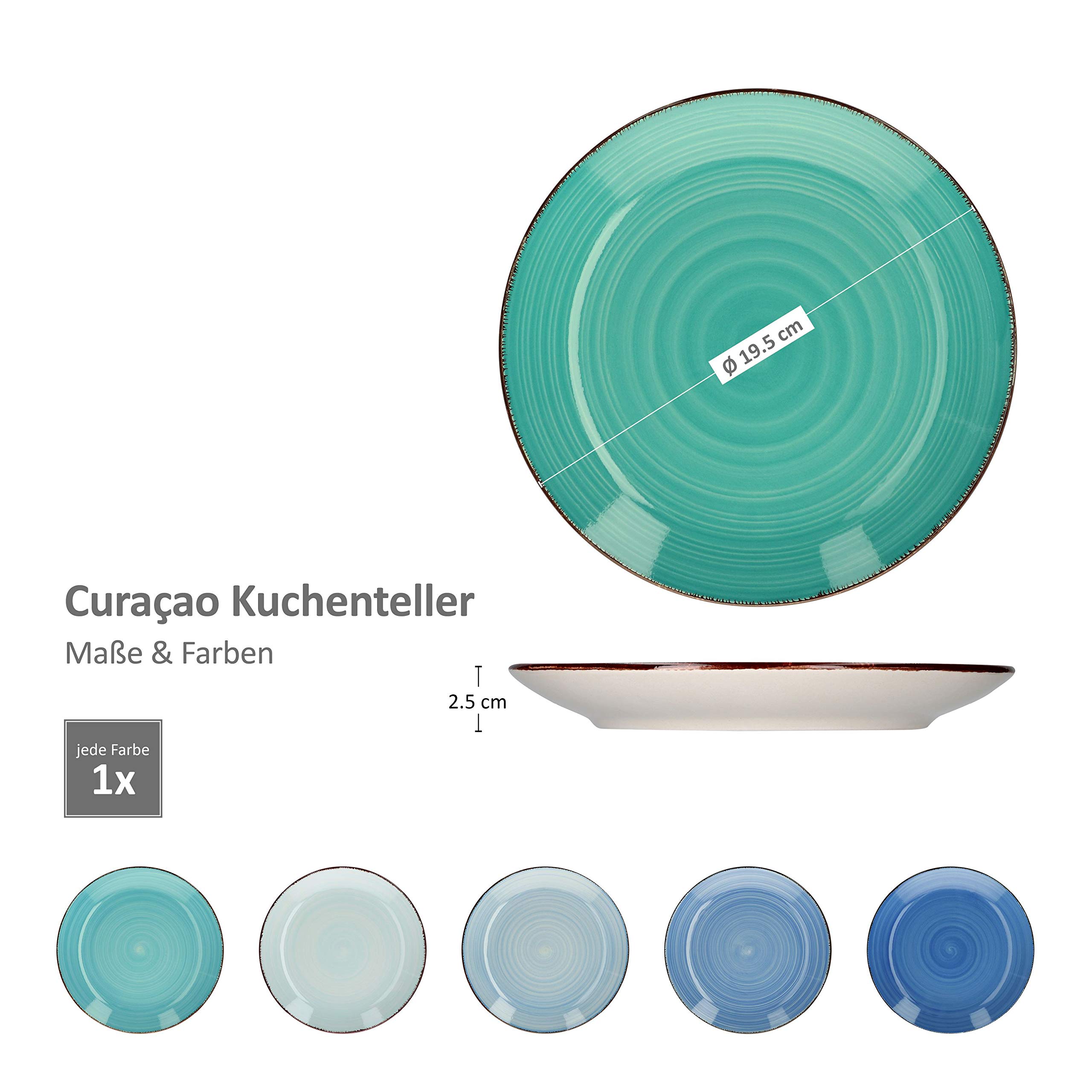 MamboCat 18-Teiliges Kaffee-Service Blue Curacao - Geschirr-Set für 6 Personen, Handbemalt - Steingut Mit Tassen, Unterteller, Kuchenteller - Buntes Set