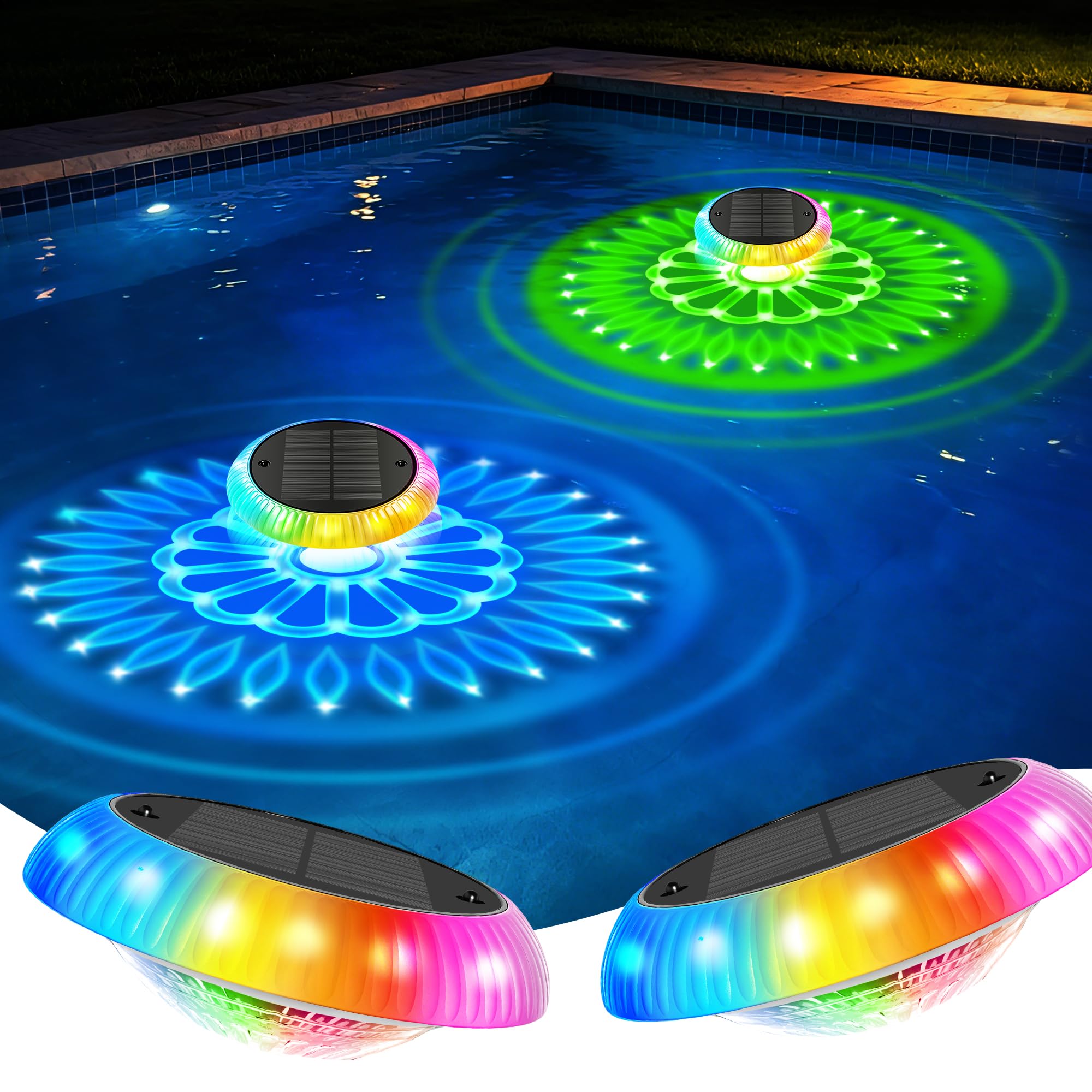 Schwimmende Poolbeleuchtung Solar mit Fernbedienung, 16,3 cm | 2-in-1 Doppellicht (57 Modi), Timer, IP67 wasserdicht – für Pool, Whirlpool, Gartenteich, Aufblaspool (2 Stück)