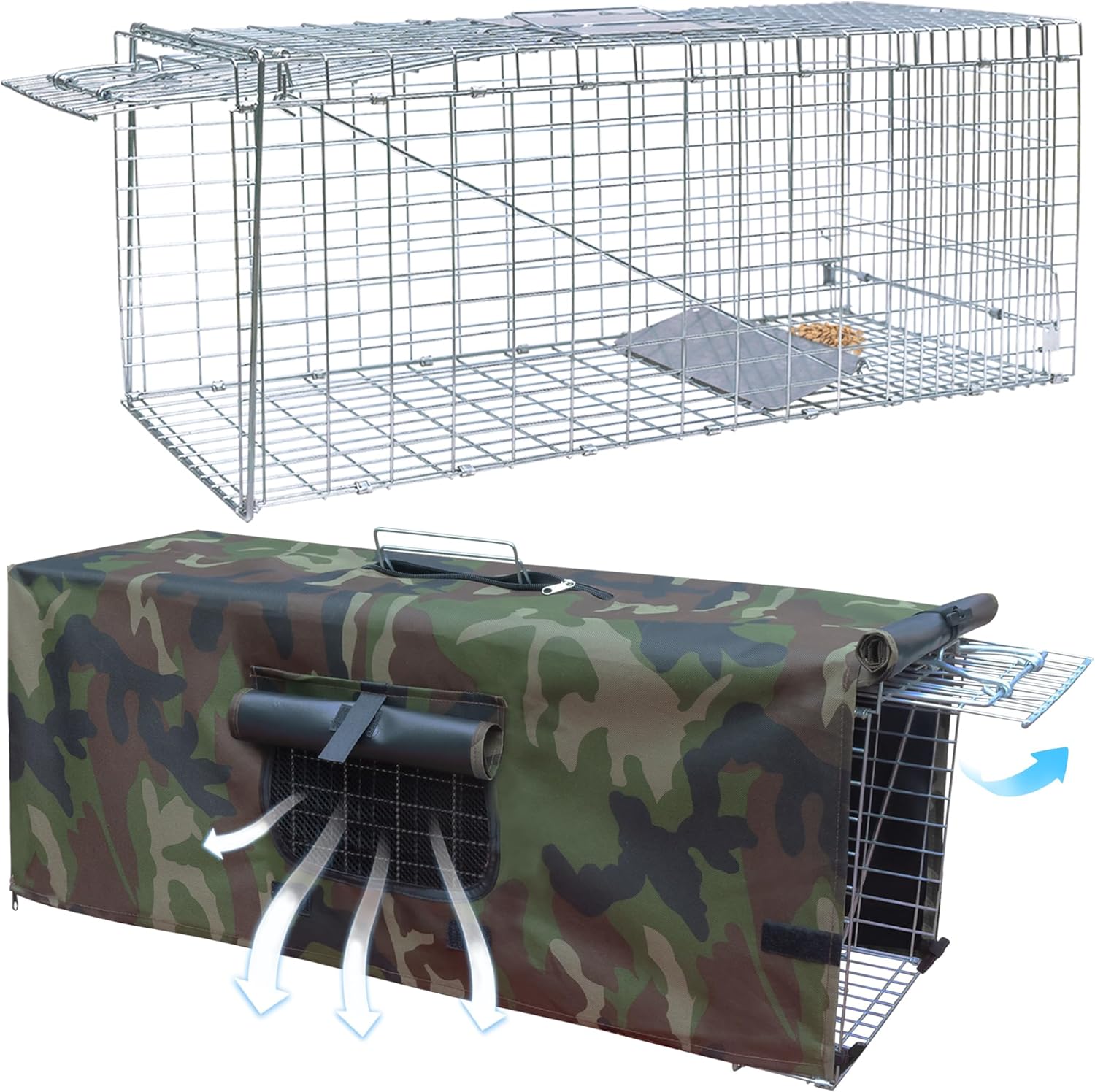 Live Animal Trap Cage with Cover, Cat Trap for Stray Cats 32 Inch Heavy Duty Folding Skunk Traps with Real Door for Raccoons, Opossums, Groundhogs, Skunks, Feral Cats, Squirrels-(32 x 10 x 12 inches) TRAP+Camouflage COVER