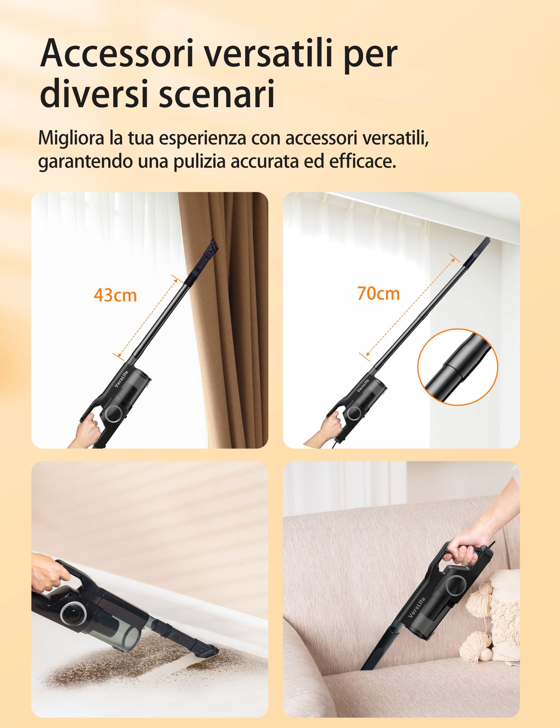 VersLife C8 Aspirapolvere con Filo, Scopa Elettrica con Filo 20000 Pa Aspirazione Potente, 600W Aspirapolvere senza Sacco, Adatto a tutti i tipi dei pavimenti