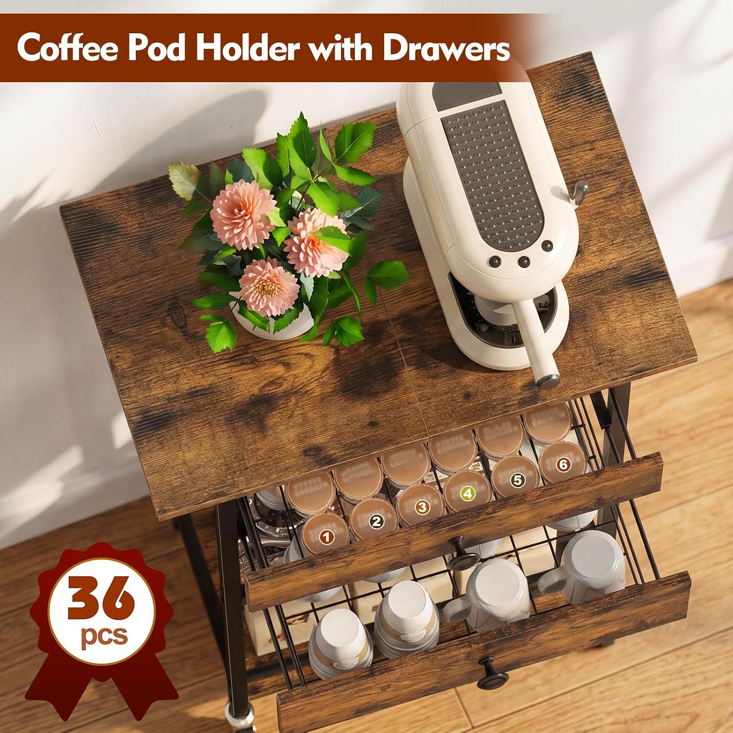 ETELI Coffee Cart Station with Lockable Wheels and Coffee Pod Storage