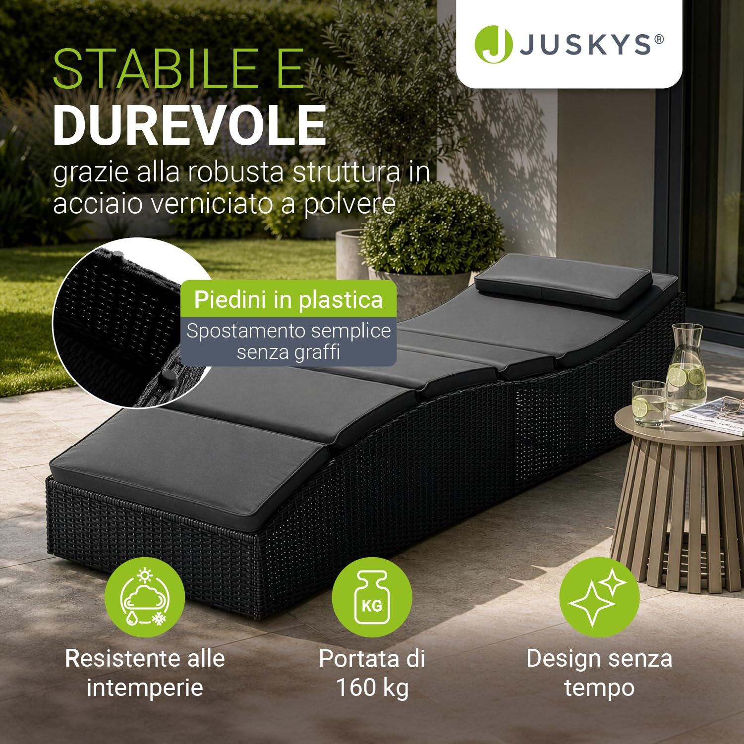 Juskys sdraio pieghevole Lamia – Da giardino, balcone, esterno – Polyrattan con cuscino e poggiatesta regolabile – Caricabile fino a 160 kg – Nero