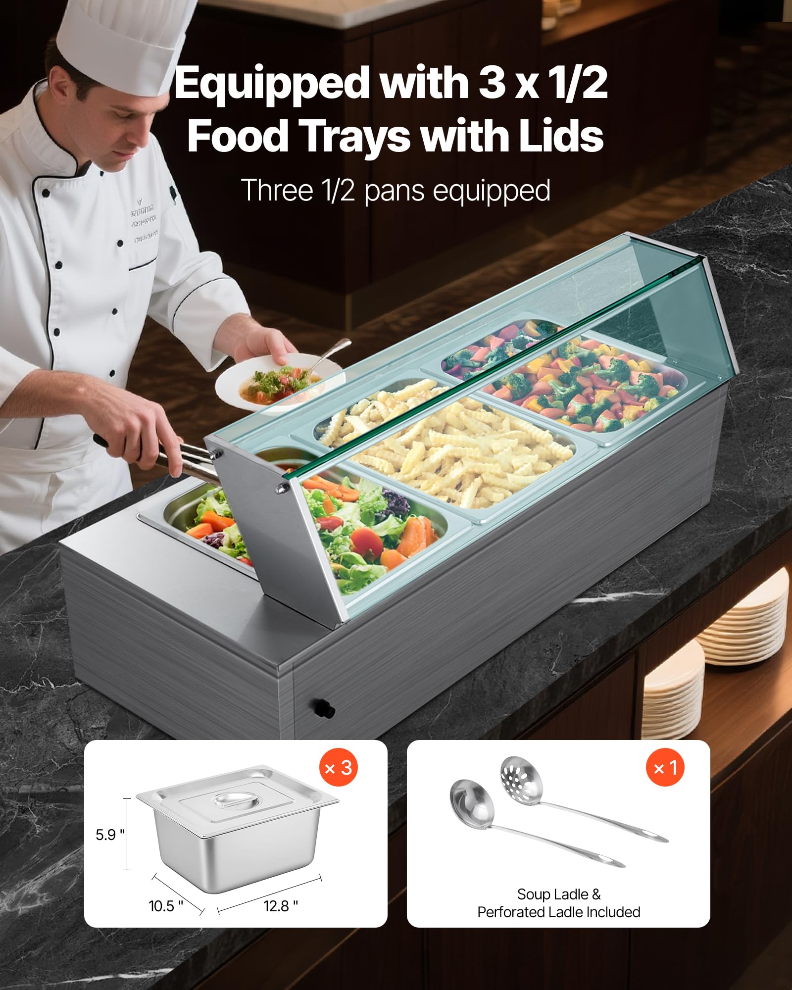 VEVOR Chauffe-Plat Électrique à Vapeur 1500 W, Buffet Chauffant en INOX, Bain-Marie avec 3 Bacs, Couvercle en Verre et Louches à Soupe et Perforées, pour Servir Buffet en Libre-Service Restauration