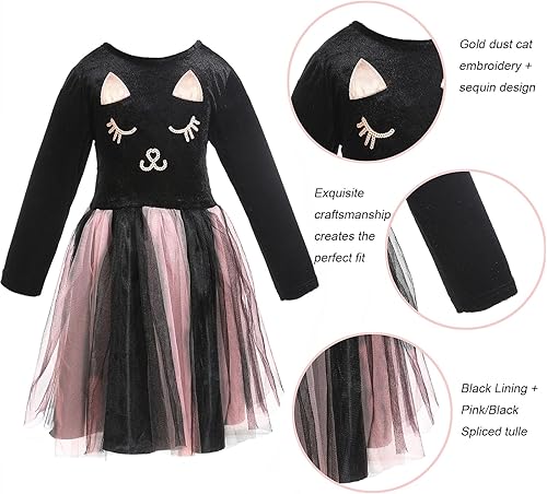 Miniatura 7 de Wbesty Disfraz de gato negro de Halloween para niñas con tutú rosa, diadema y cola de orejas de gato, cuello de lazo, cara de gato
