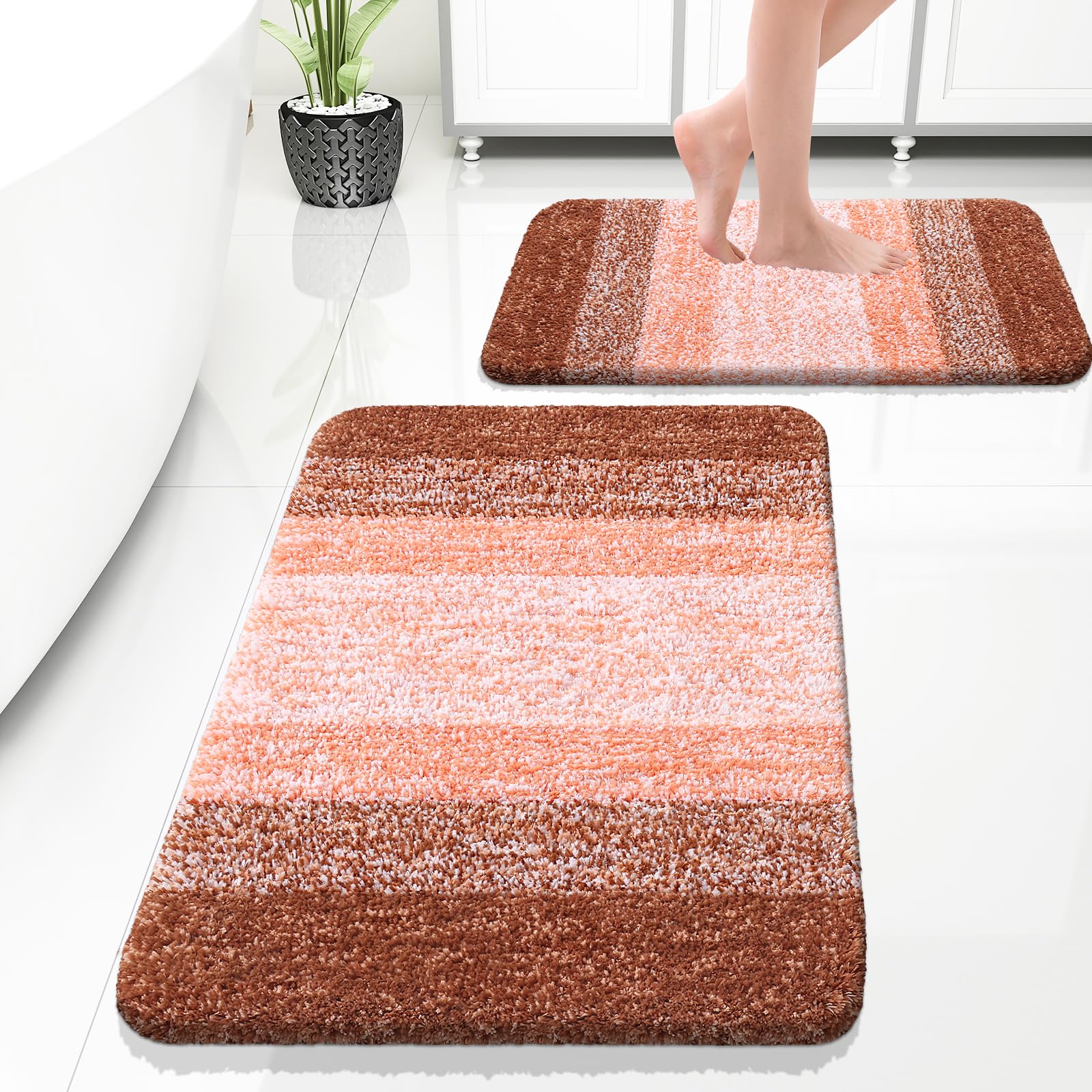 OLANLY Bathroom Rug Set 2 Piece, Soft Absorbent Microfiber Bath Rug Set, Non-Slip, Machine Wash Dry, Plush Shaggy Bath Mats for Bathroom (30"x20"+24"x16", Orange)