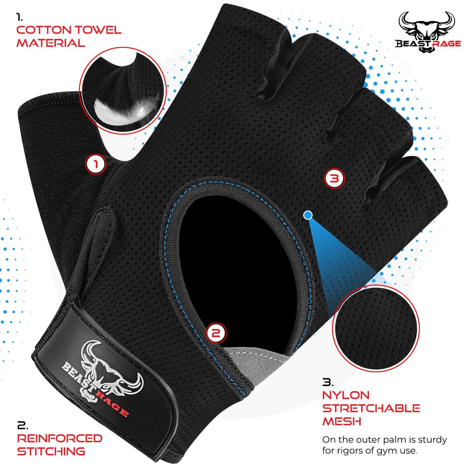 BEAST RAGE Fingerless Weight Lifting Gloves with Palm Protection Padding, Breathable Lightweight Gym Gloves for Men, Women, Weightlifting, Cycling, Exercise, Training Pull Up