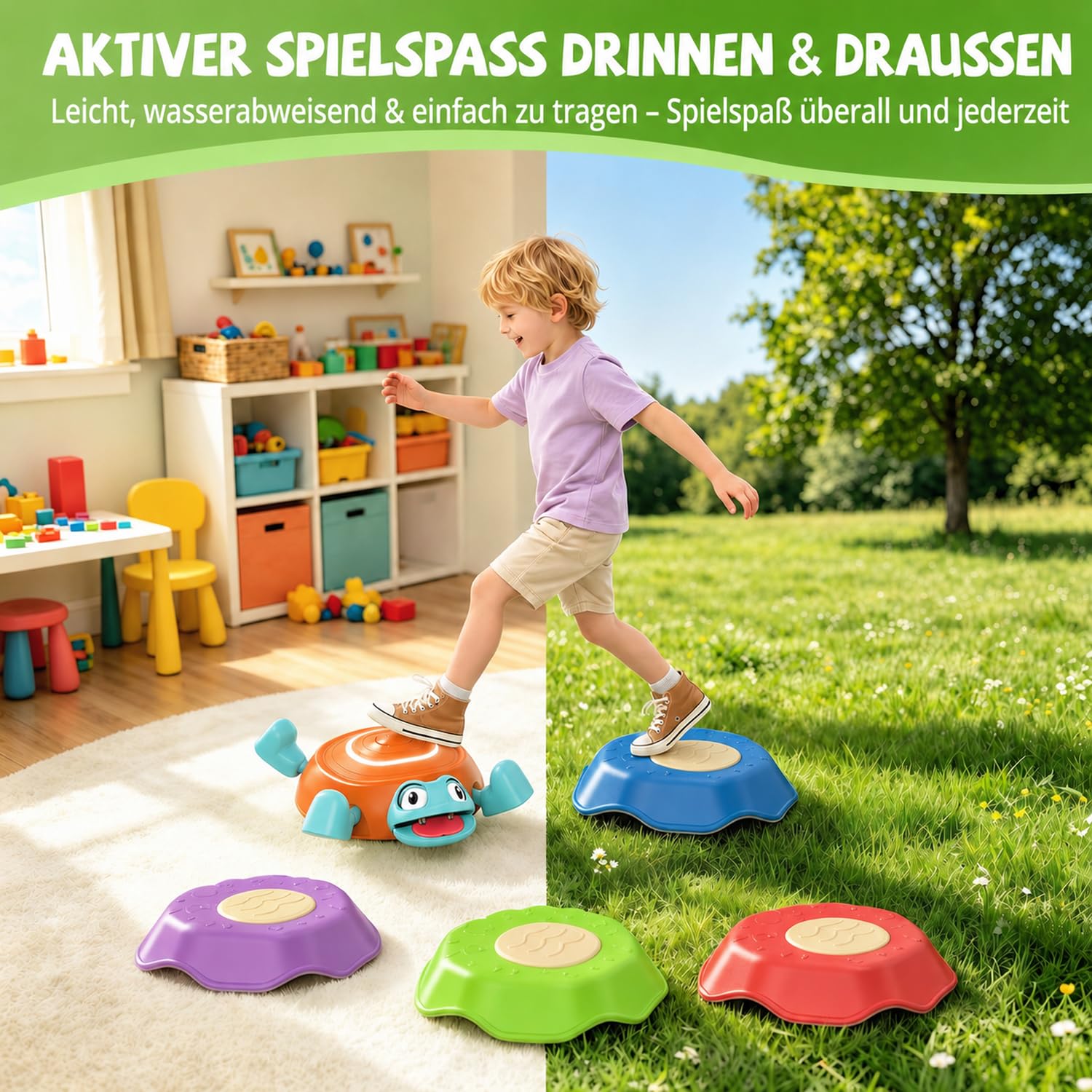 Holyton Balance-Steine Kinder mit Licht & Musik, Turtle Jump Spiel mit Drehrad, Reaktions- & Koordinationsspiel, 1 Schildkröte + 4 Steine, Motorik Training Indoor & Outdoor