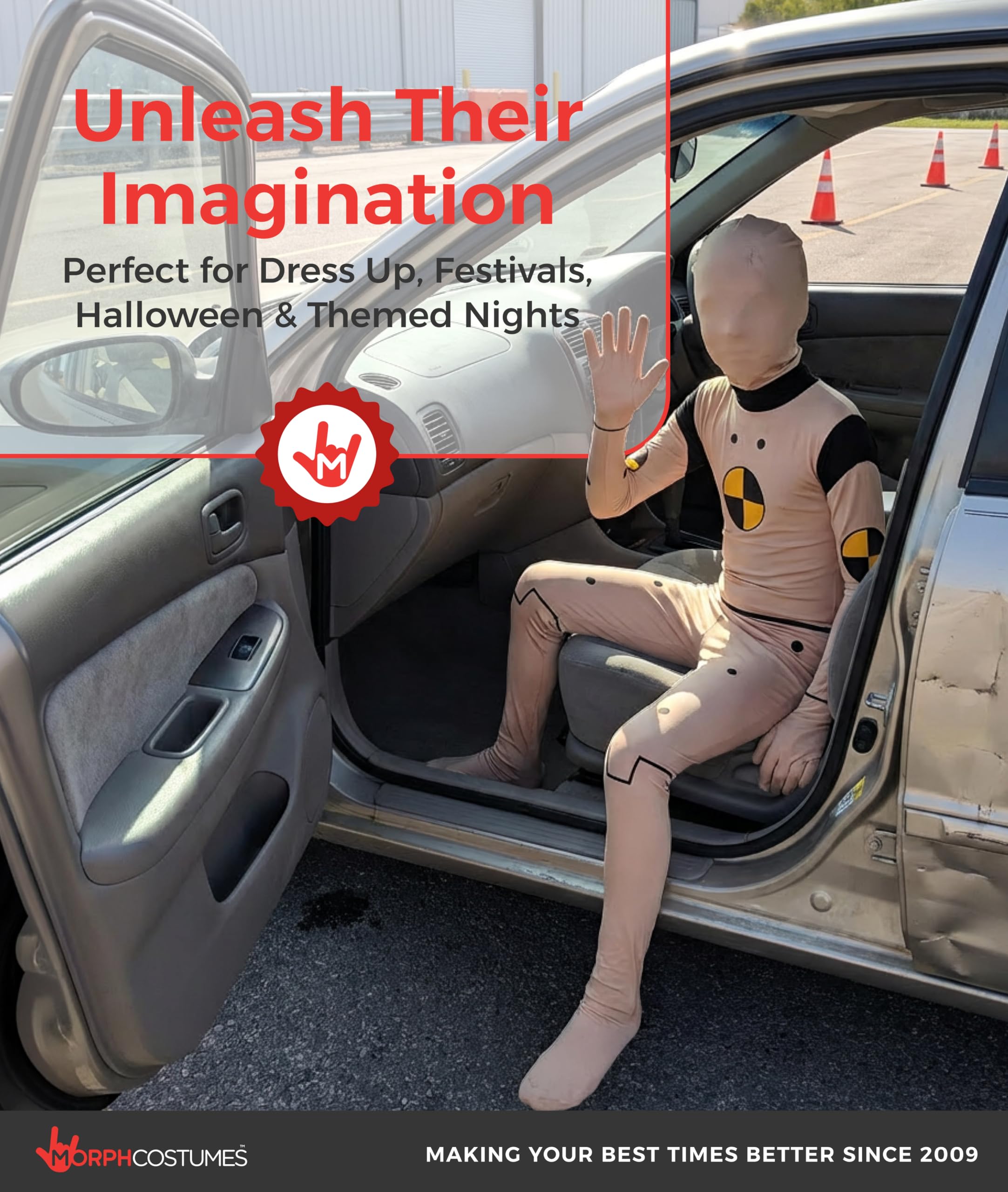 Morphsuits Costume Manichino Crash Test Bambino, Tuta Halloween Bambino | Tuta Integrale con Cappuccio, Dettagli Stile Fumetto Gialli, Perfetto per Halloween, Ideale per il Gioco di Ruolo