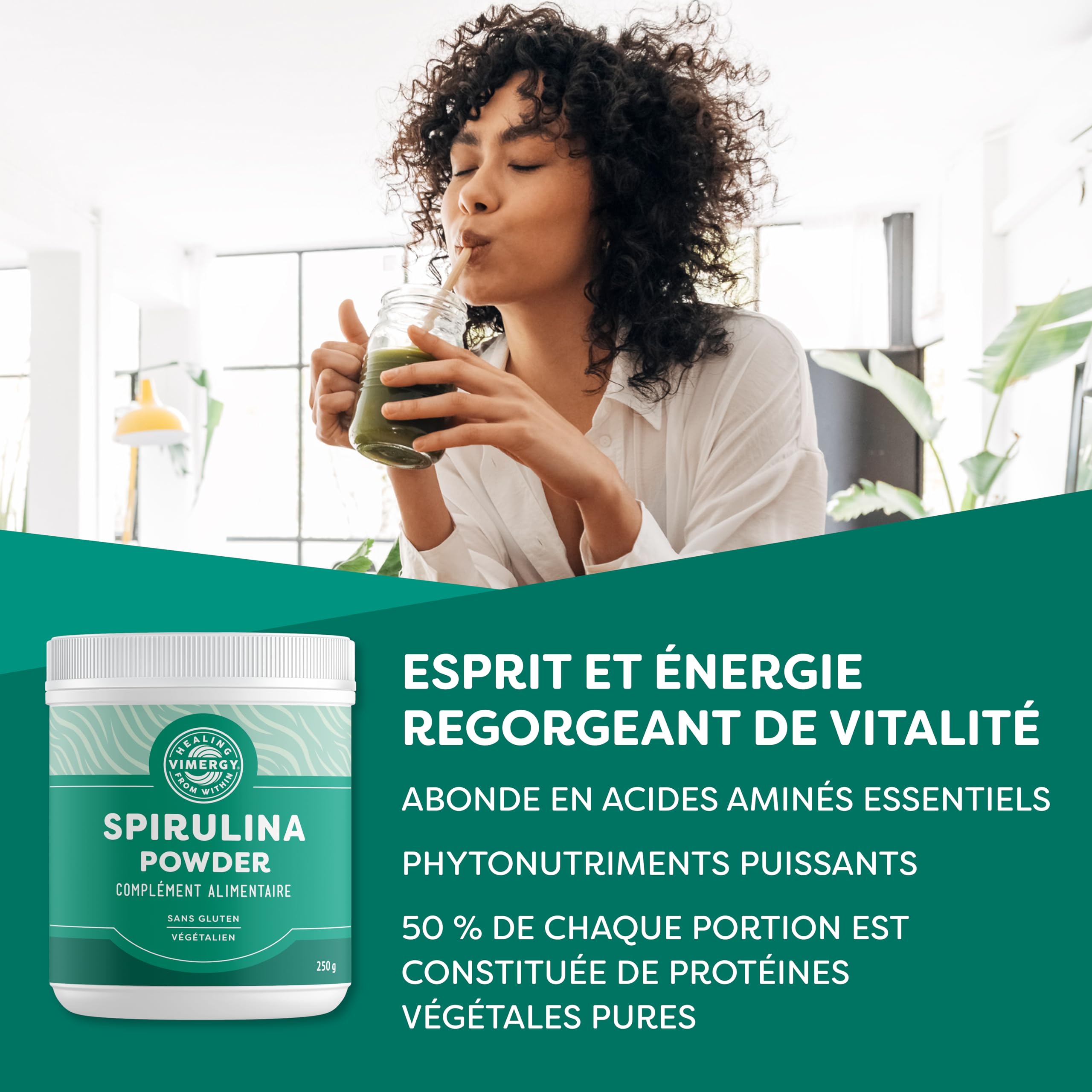 Vimergy Spiruline Poudre – Facile à Digérer – Poudre à Absorption Rapide –Végétalien – Formulé sans Agents Anti-Agglomérants, Additifs, Arômes ou Sucre - Sans OGM et sans Gluten