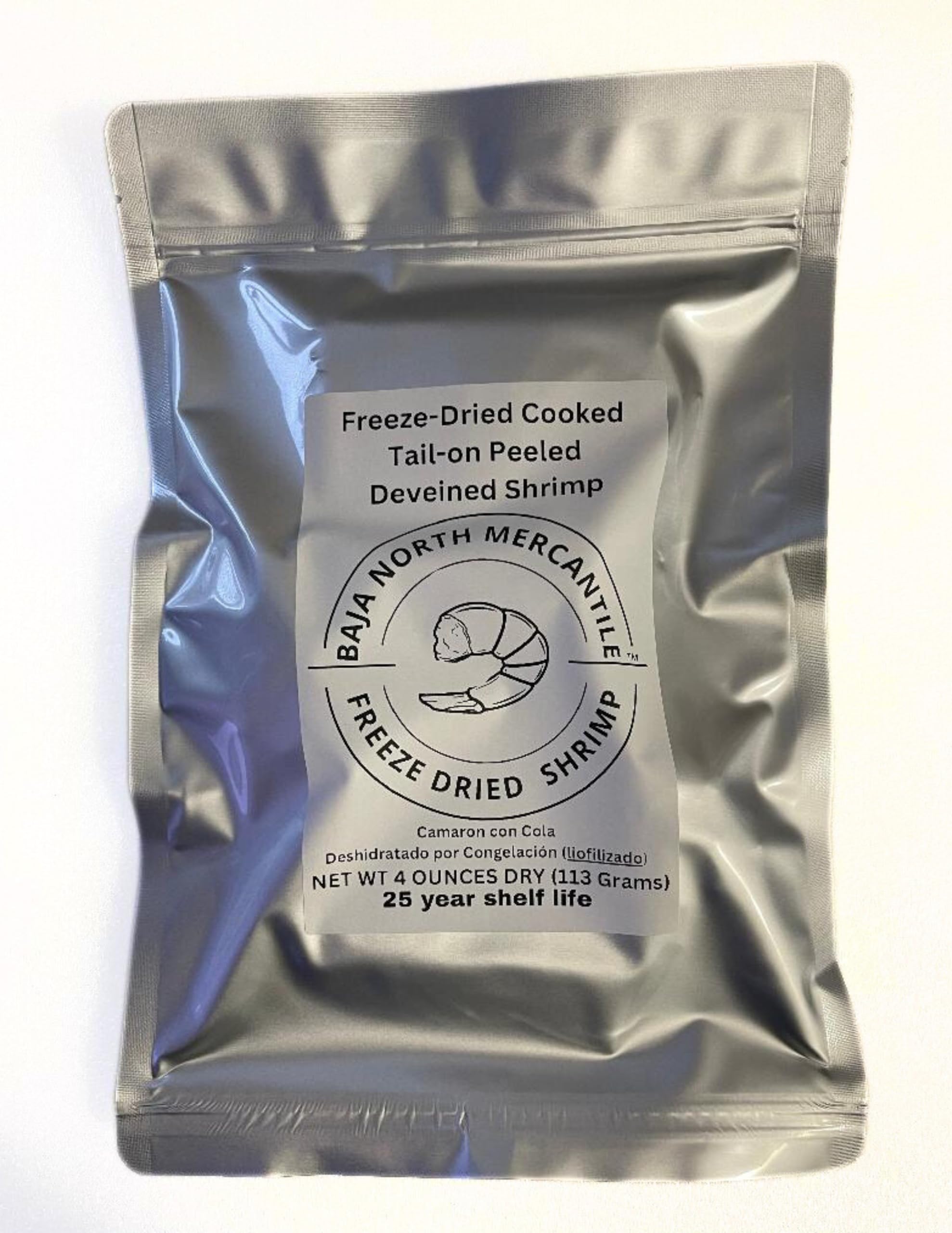 Whole Shrimp Freeze-Dried. 4oz makes 1lbs Rehydrated | 25 Year shelf life | Designed for Backpackers, Campers, Survivalist and Emergency Preparedness | Certified Food Safe Packaging and | Shrimp Sourced in the USA