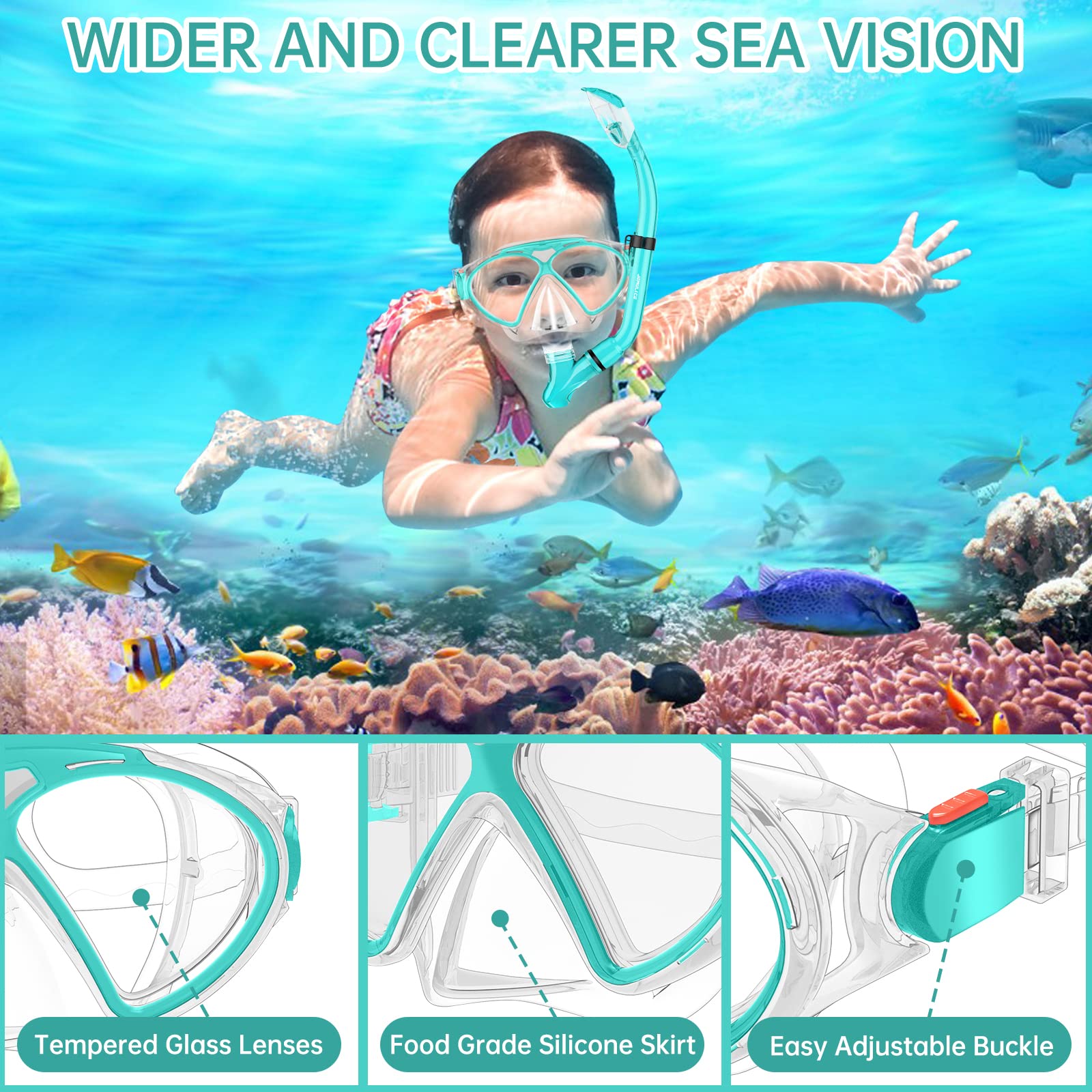 JEMULICE Maschera Subacquea Bambini, Set da Snorkeling per Bambini con Tubi a Secco e Occhiali da Snorkeling Anti-Fog Panoramica a 180 Gradi, Snorkel Set, Maschera Snorkeling per Bambino e Adolescenti