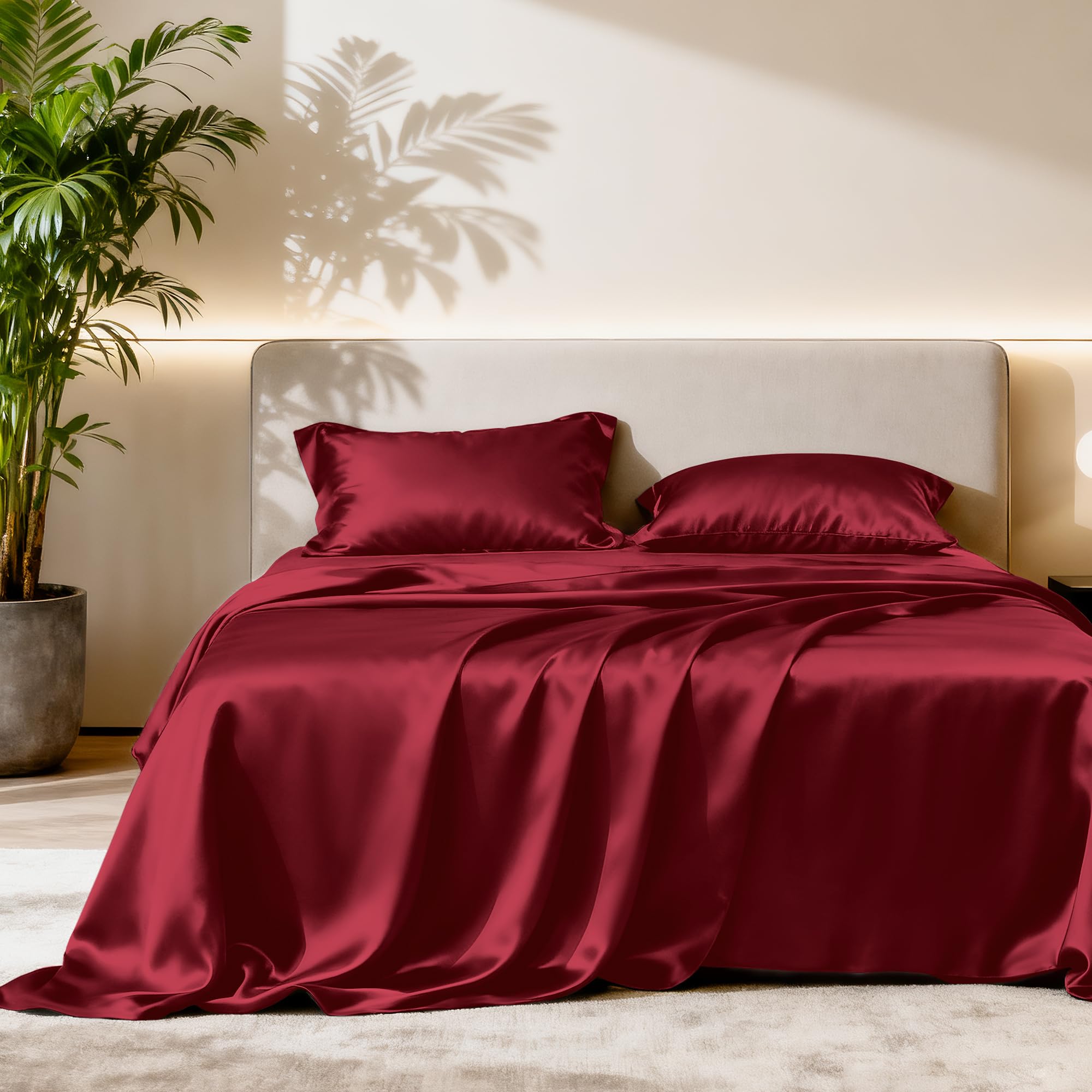 Love's cabin Satin Queen Sheets Set - 4 Piece Pink Silky Bed Sheets Set with Deep Pocket, Luxury Silk Feel Satin Queen Size Sheet Set (1 Flat Sheet, 1 Fitted Sheet, 2 Pillow Cases): Twin Burgundy.
