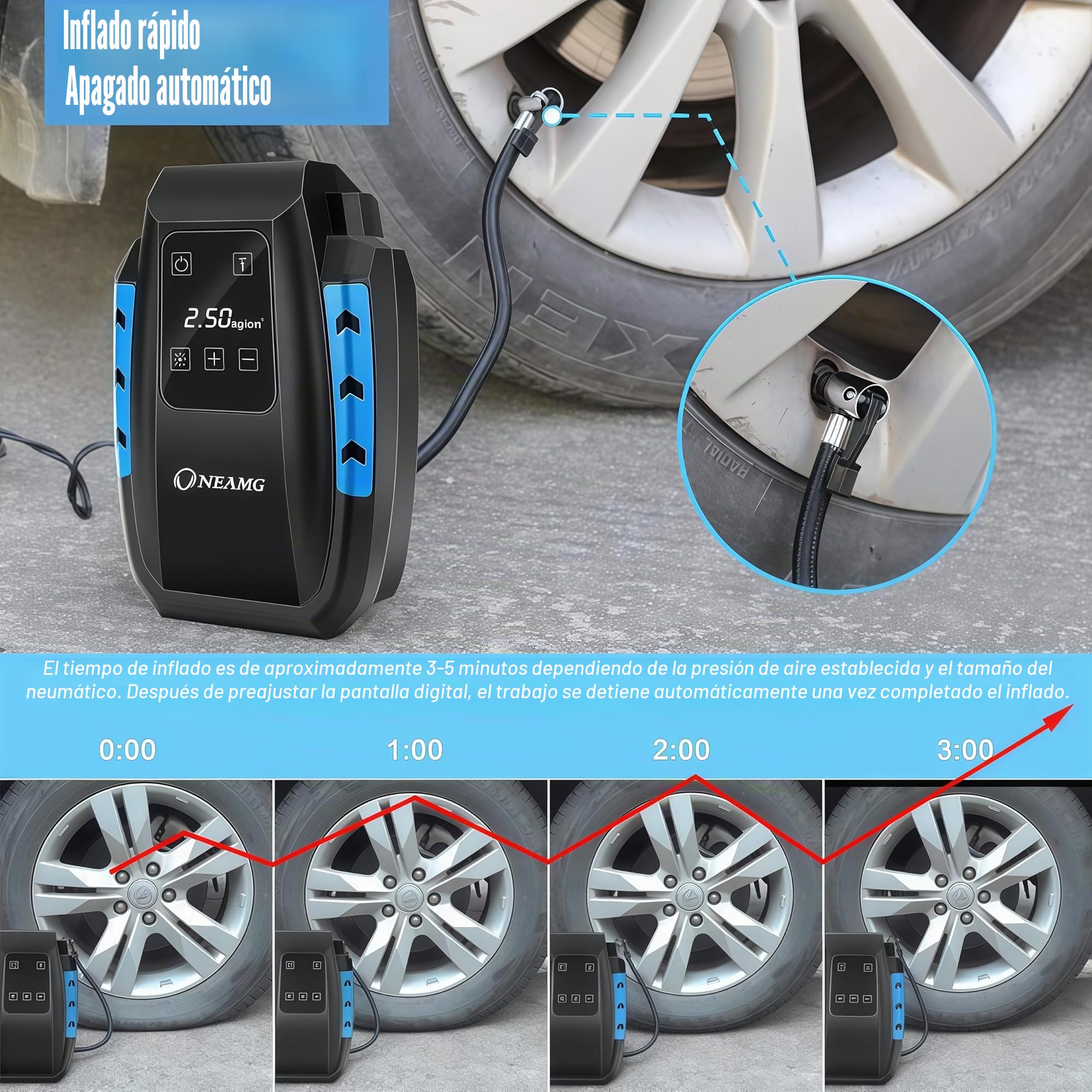 Compresor de Aire Eléctrico Portátil Alimentado con Manómetro 12V con LED Luces de Emergencia para Hinchar Neumático de Moto Coche y Bicicleta (Negro)