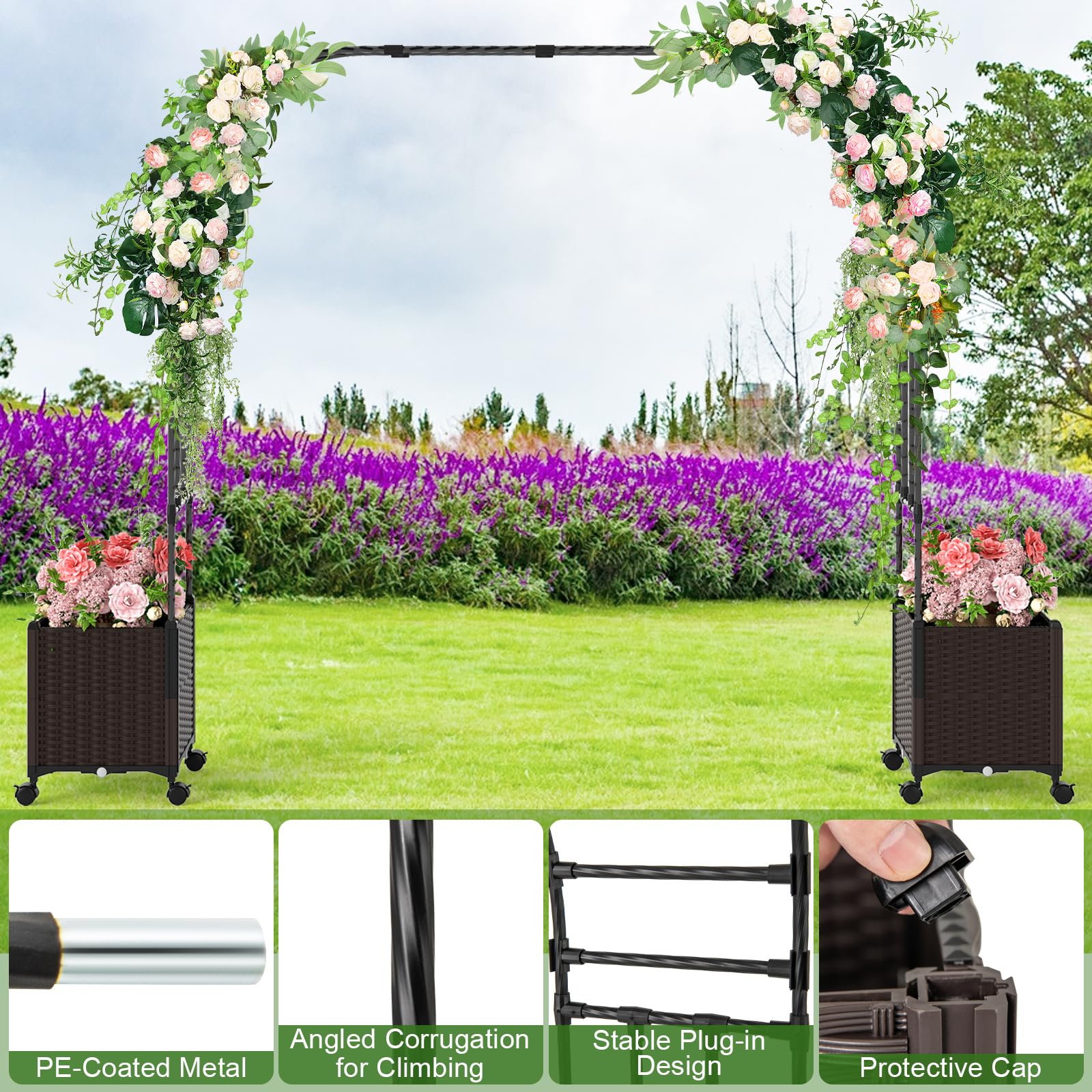 GOPLUS Rosenbogen mit Pflanzkästen, Gartenbogen mit Metallrahmen, selbstbewässernden Pflanzkästen mit Rollen, Torbogen Garten, Rosen Rankhilfe, Pergola mit Blumenkasten (288 x 40 x 202 cm)