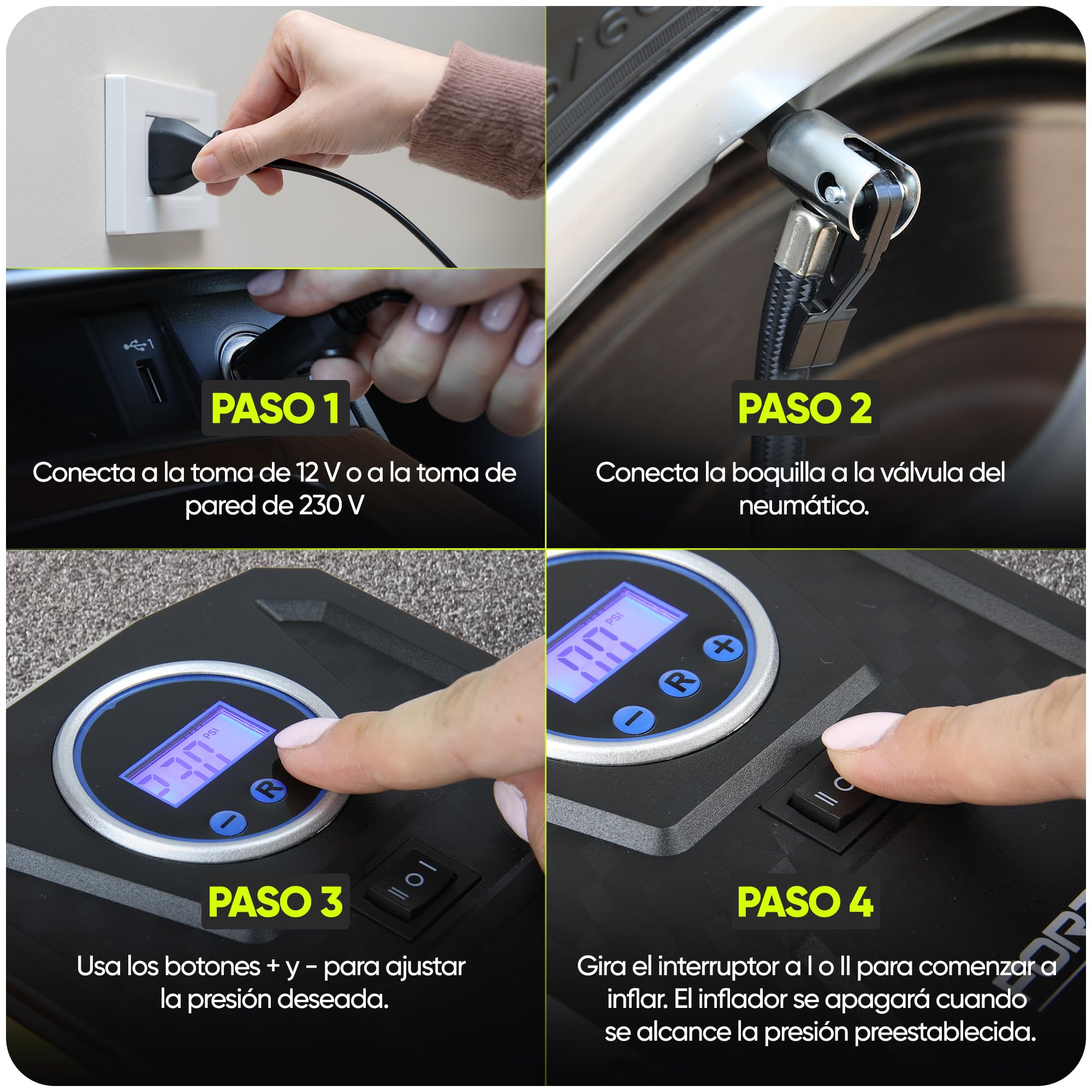 FORTEM Inflador de Ruedas de Coche, Compresor de Aire - Manómetro Digital, Autobombeo, Parada Automática - Bolsa de Transporte