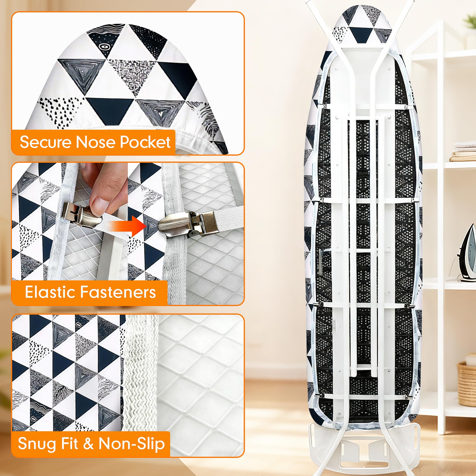 Funda y almohadilla para tabla de planchar, acolchado grueso, resistente a quemaduras y manchas, muy resistente, cierres ajustables y borde elástico, tamaño extraancho, 46 x 124 cm, gris geométrico