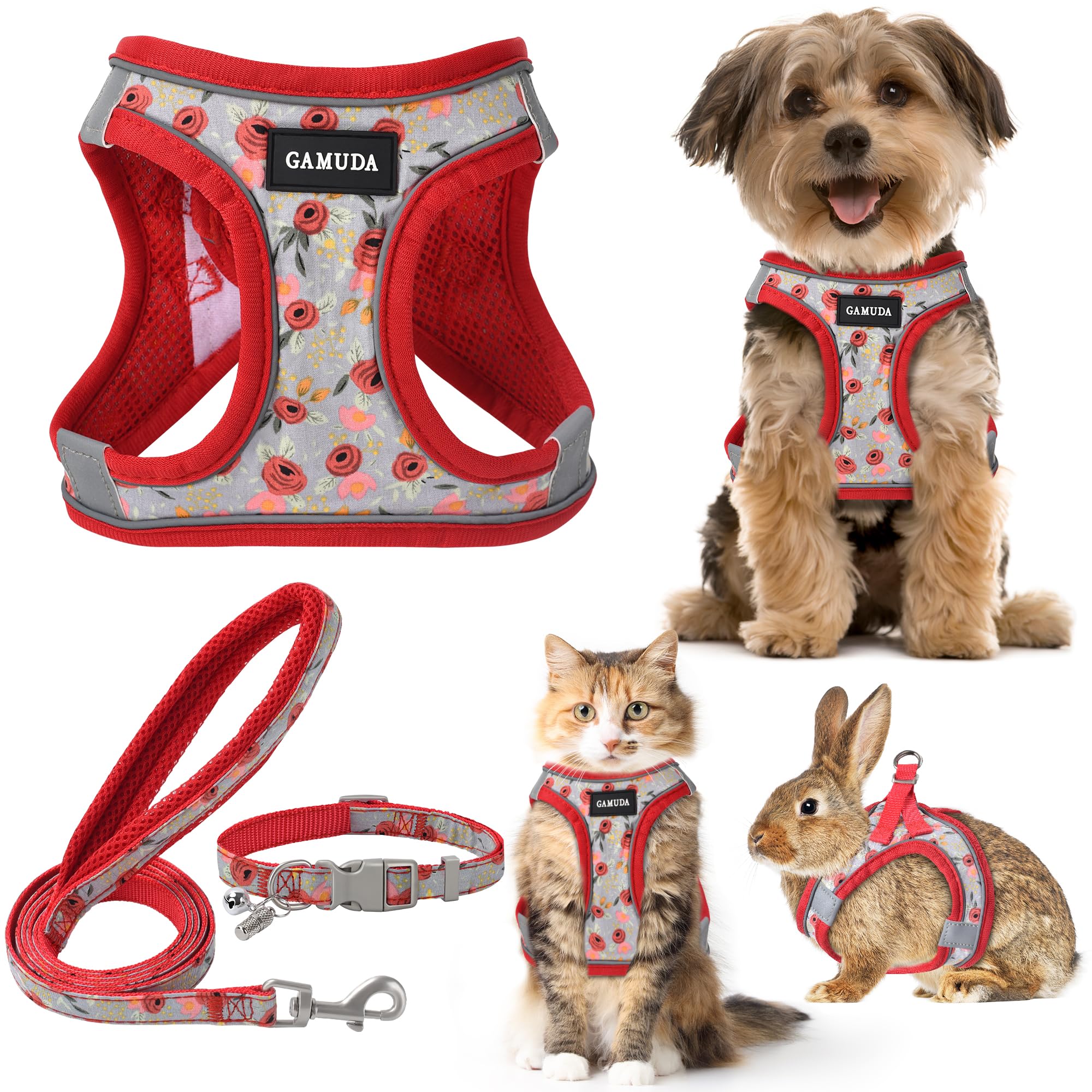 GAMUDASmall Pet Harness Collar and Leash Set, Step in No Chock No Pull Soft Mesh Adjustable Dog Vest Harnesses Plaid Reflective for Dogs Puppy and Cats Outdoor Training (Red Flower, S)