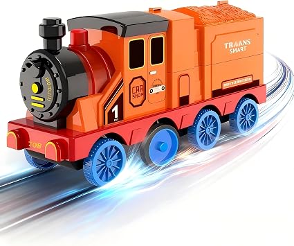 Transforming Engine Train Garage & Toy Car Catapult, Back Folds Out to Secret Garage for Mini Cars, Shoot and Race Fun, Interactive Play Festival Gift for Preschool Boys Girls 3+ Orange