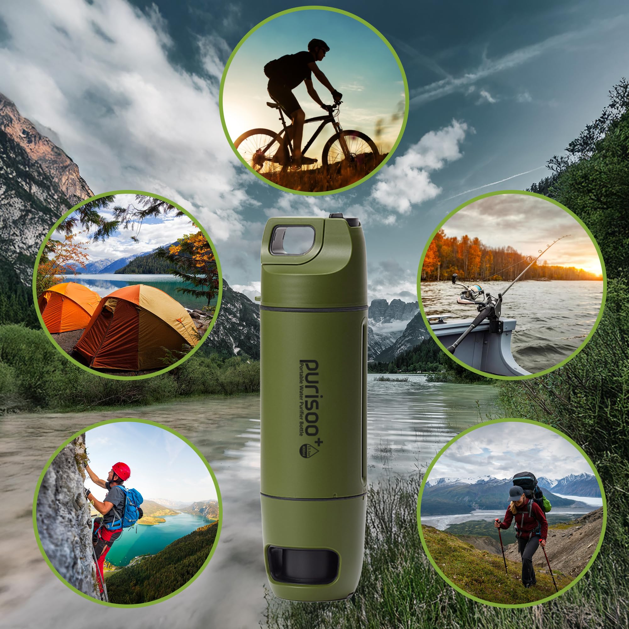 Extralink Purisoo+ Wasserfilter Outdoor mit Pumpe – Filterflasche 400ml mit UF Filter und Aktivkohle – Entfernt 99,99% Bakterien, Viren & Mikroplastik– Ideal für Wandern, Camping, Notfälle - Grün