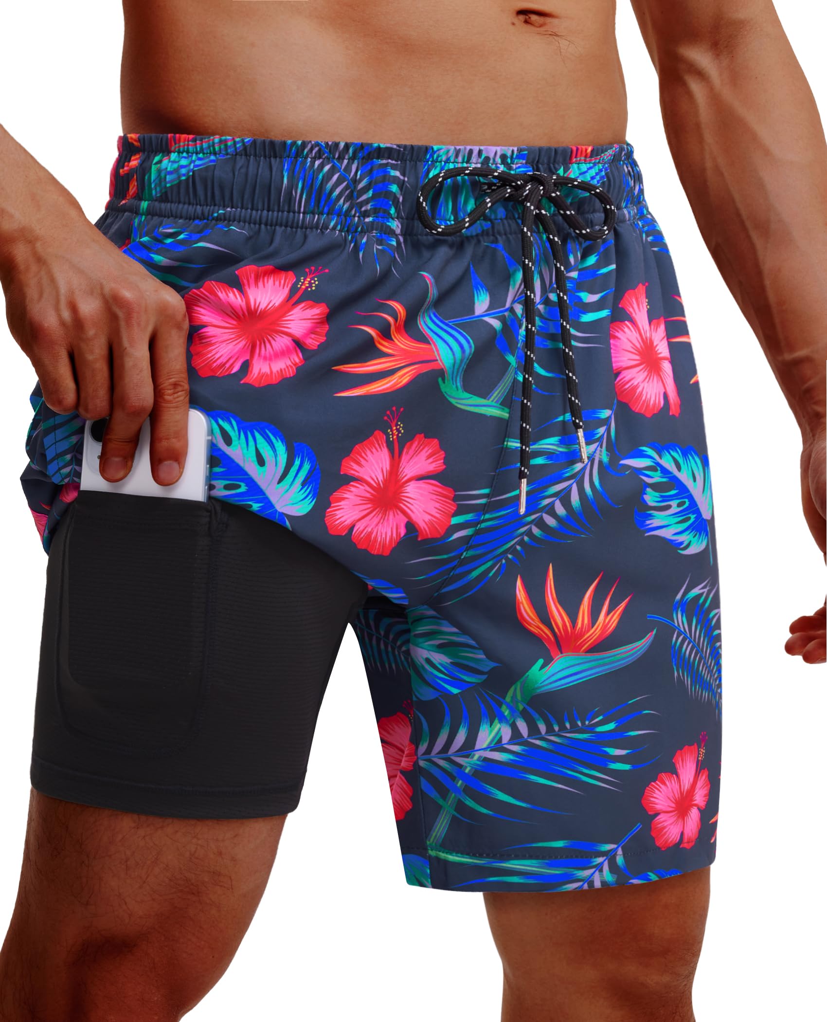 7inch Mens Swim Trunks: 2 in 1 with Compression Liner Pockets Drawstring Quick Dry Stretch Lined Funny Beach Pool-image-49