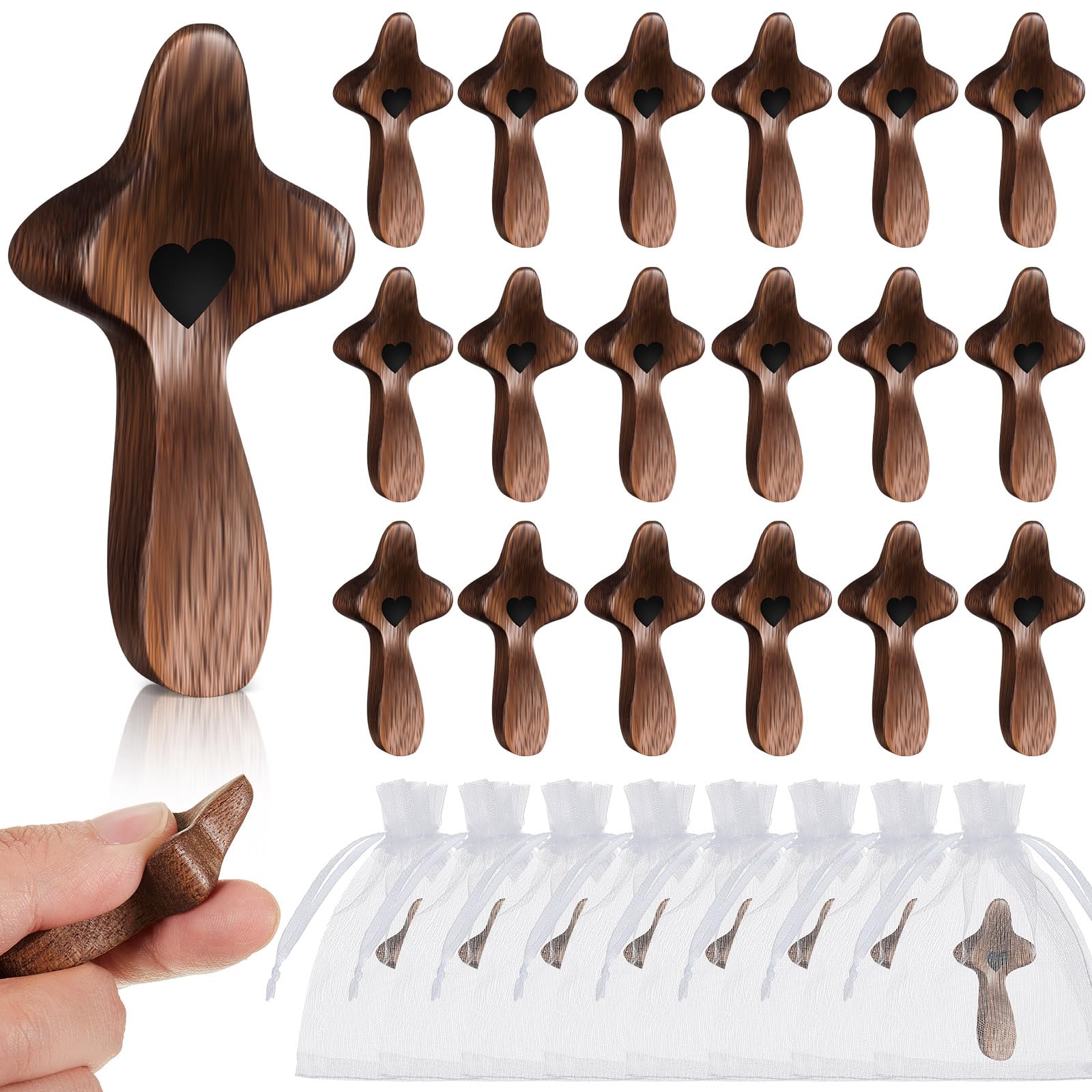 Threehoney 20 Pcs Cross My Heart, Encouragement Gift Small Wooden Handheld Pocket Crosses in Bulk with Organza Bag Wood Fingertip Stress Fidget Relief Religious Craft for Christians Prayer Church