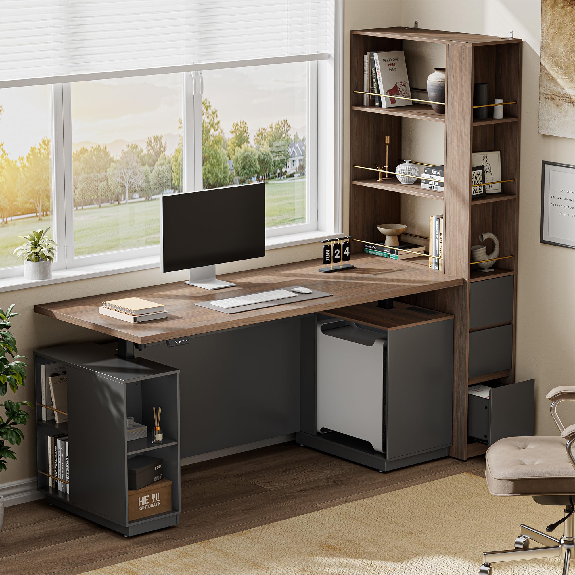 Standing Executive Desk with Bookcase 71 Adjustable Electric Stand Up Wood Desk with Privacy Panel AC USB Large