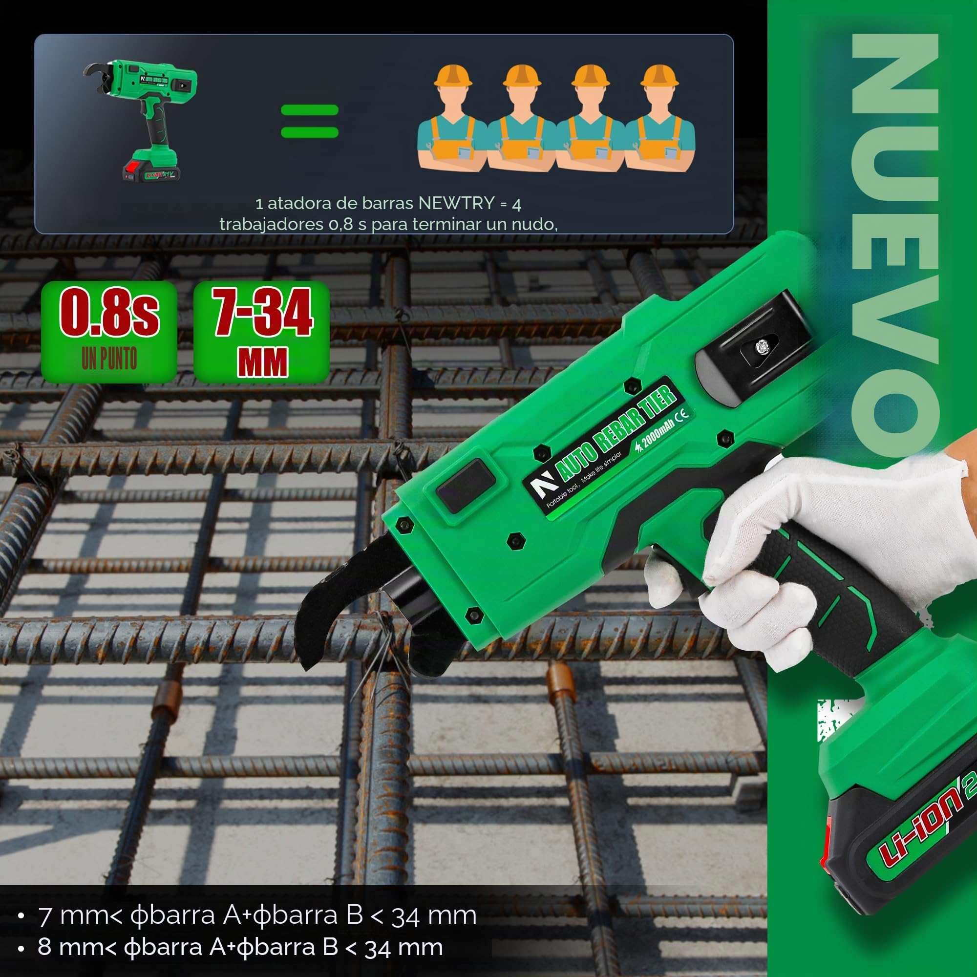 NEWTRY Atadora de Ferralla Automática Profesional de Varillas de Hierro con 2 Baterías de 4000 mAh y Cargador, para Barra de Acero de 0,3'' a 1,33'' (7~34 mm)