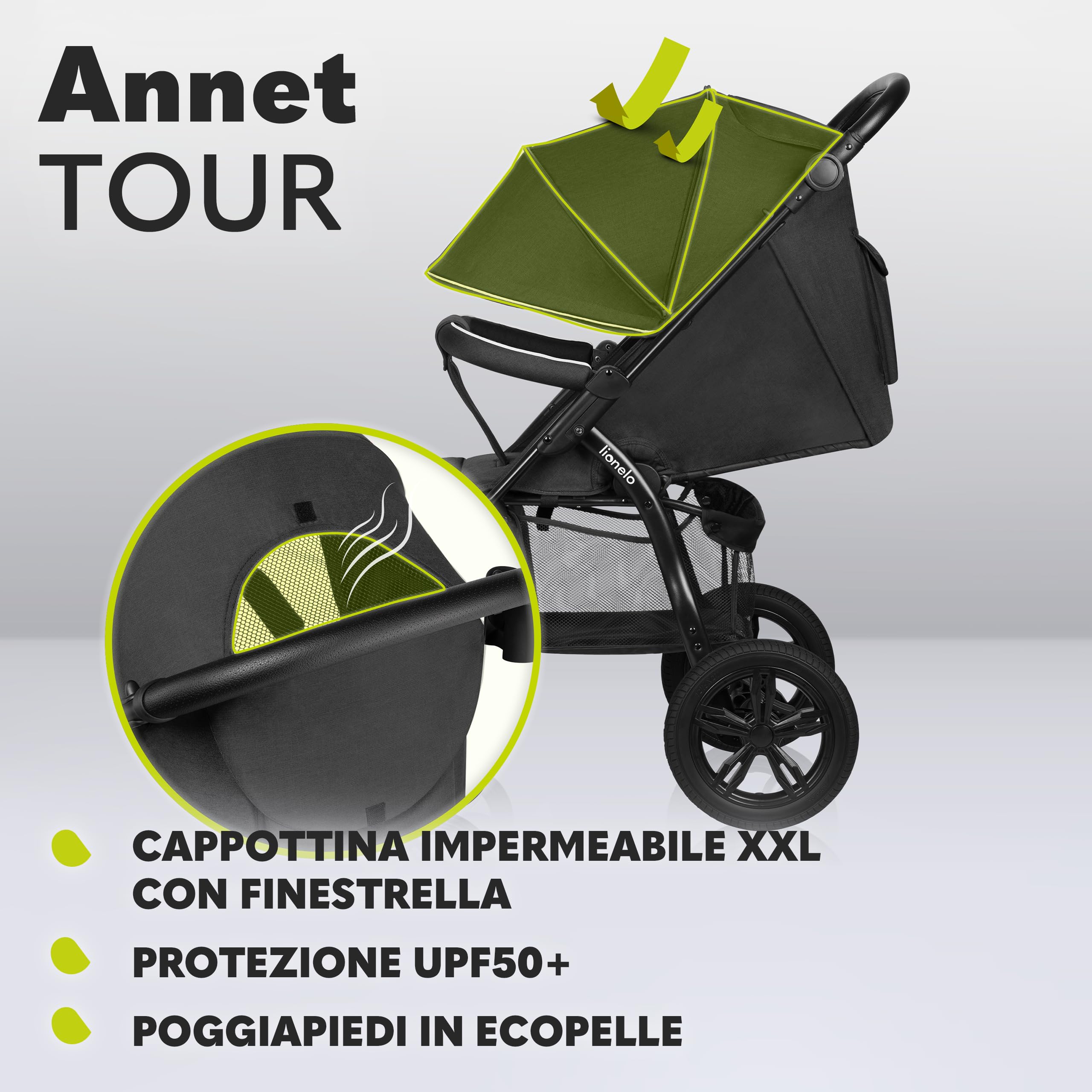 LIONELO Annet Tour Passeggino Compatto Pieghevole fino a 22 kg | Dalla Nascita, Posizione Sdraiata, Cinture a 5 Punti, Grandi Ruote Ammortizzate e Cappottina XXL