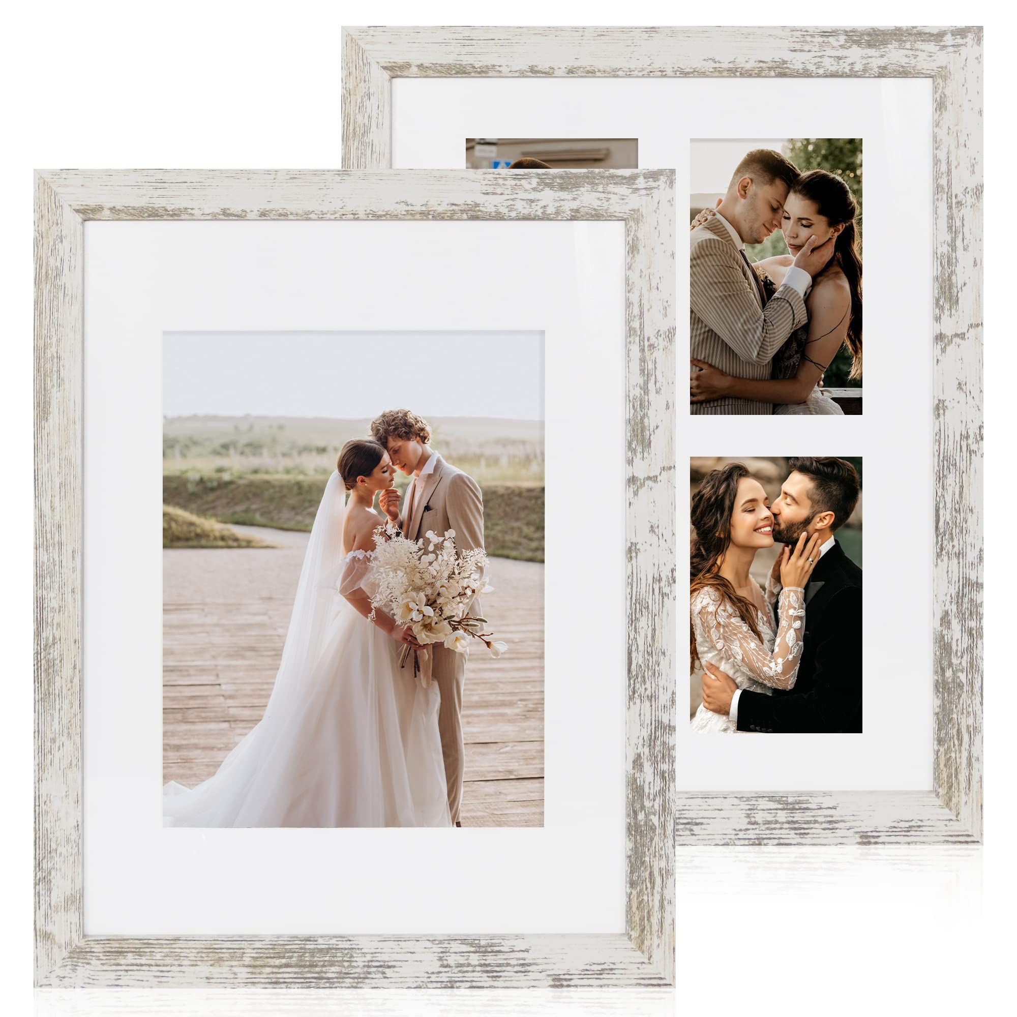 hongkee 11x14 picture frame distressed white poster frame 2 pack - includes four mats, display pictures 8x10 or (4) 4x6 with mat or 11x14 frame without mat, wall gallery photo frames